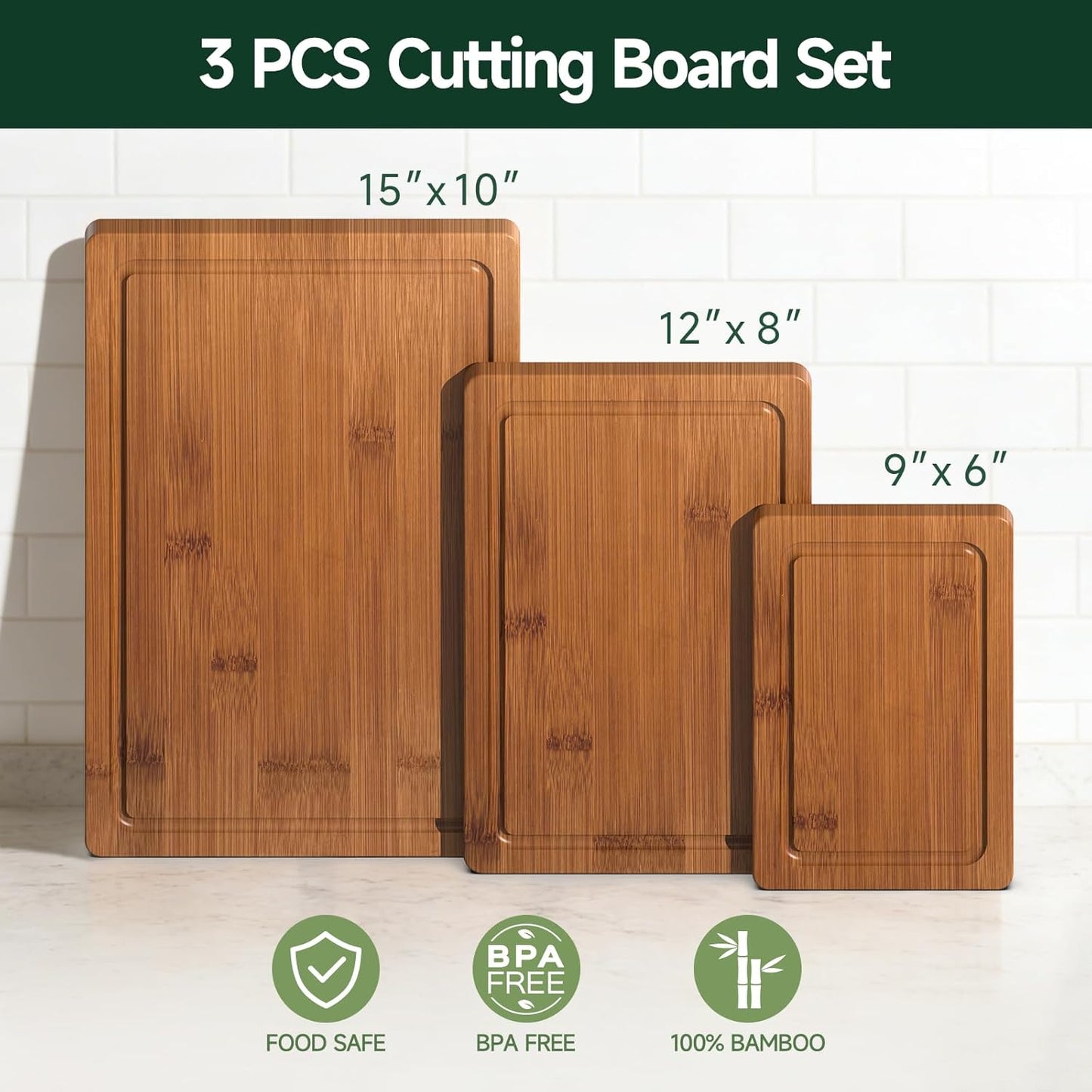3-Piece Carbonized Bamboo Cutting Board Set - Durable, Pre-Oiled Boards for Meat & Cheese