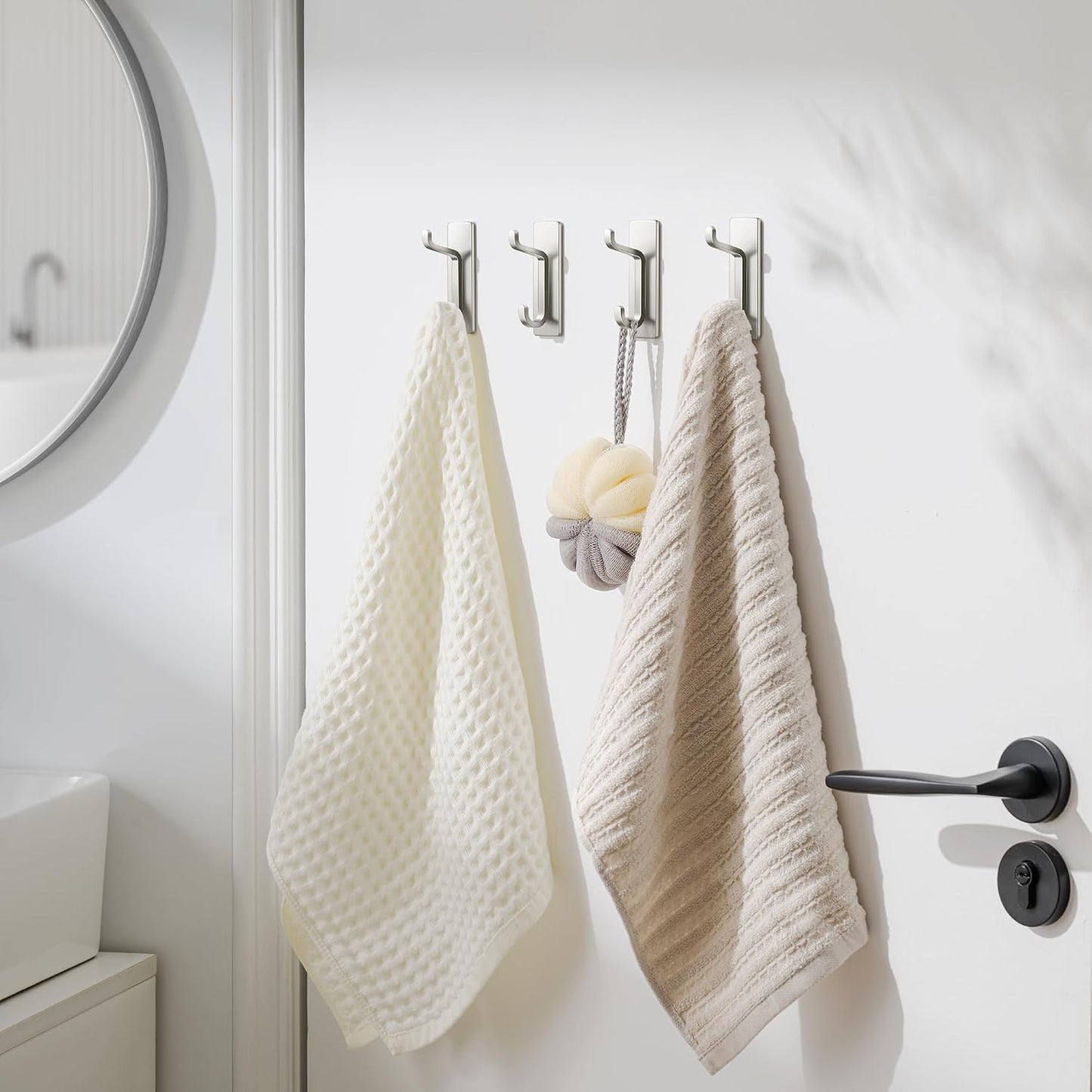 Pickpiff 4-Pack 13LB Strong Adhesive Wall Hooks for Coat & Towel - Brushed Nickel
