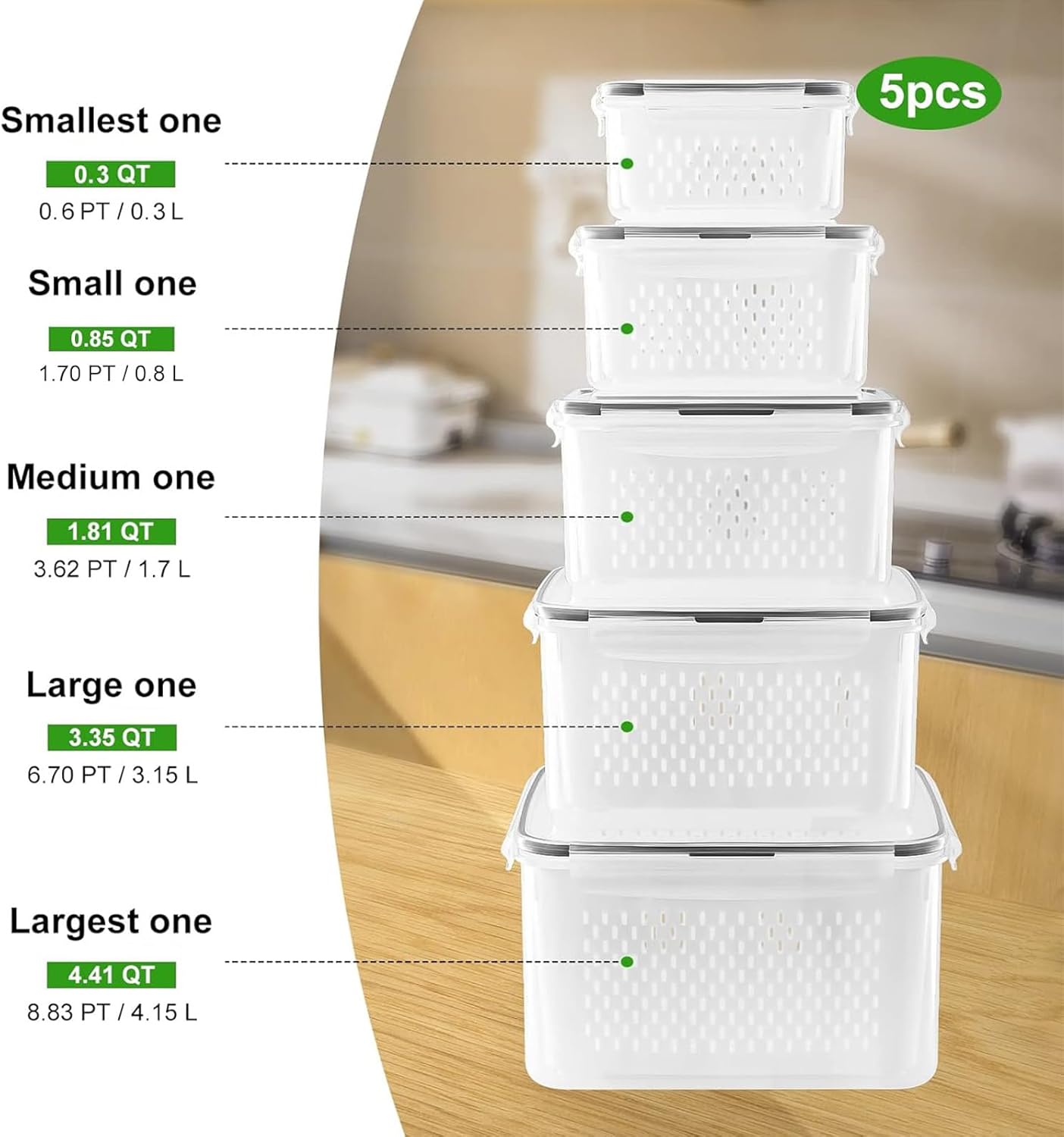 Freshmage 5-Piece Large Leakproof Fridge Food Storage Containers with Colanders - Keep Produce Fresh Longer