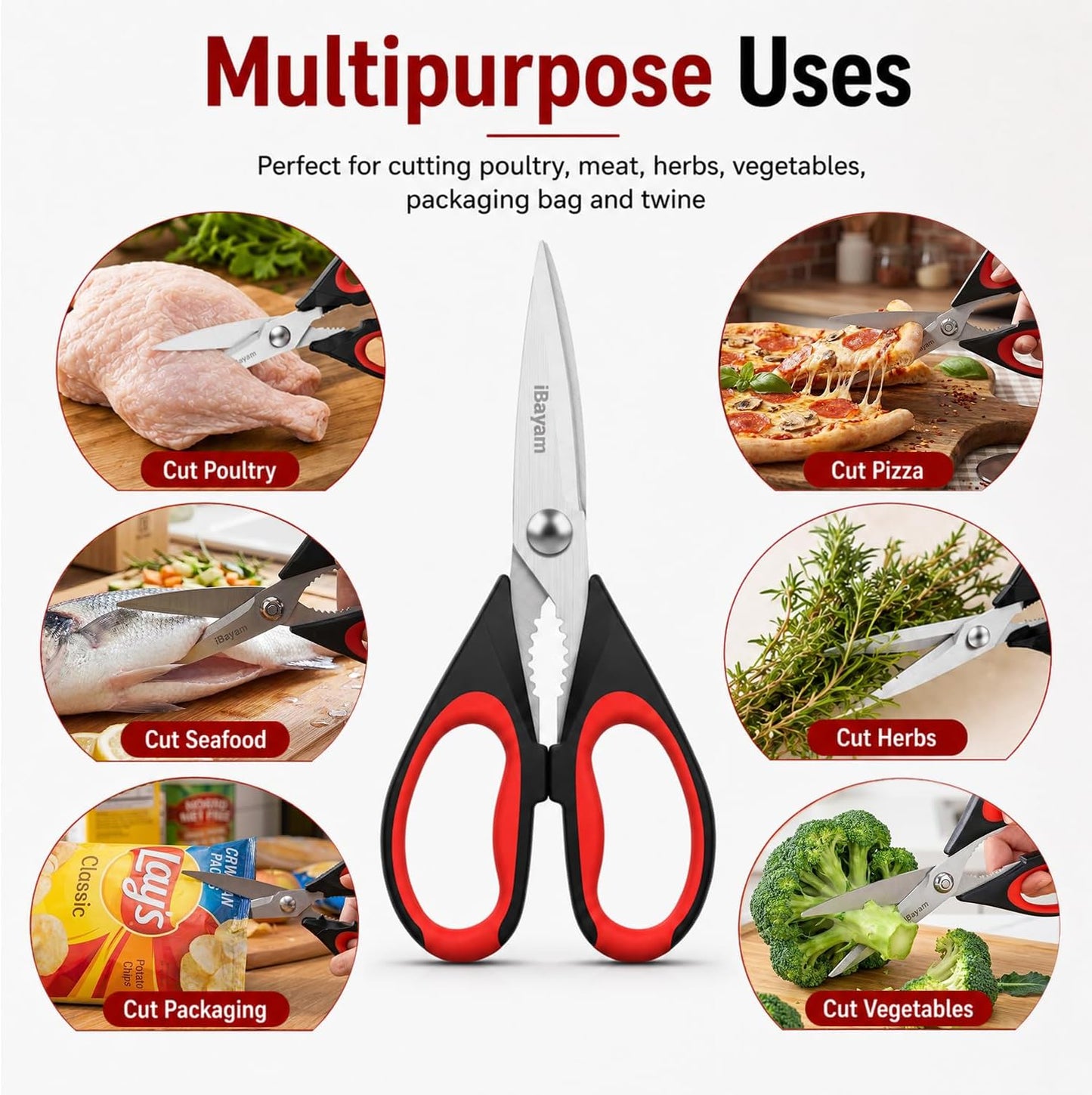 iBayam Heavy Duty Kitchen Scissors - 2 Pack Stainless Steel Shears for Food & Meat Cutting