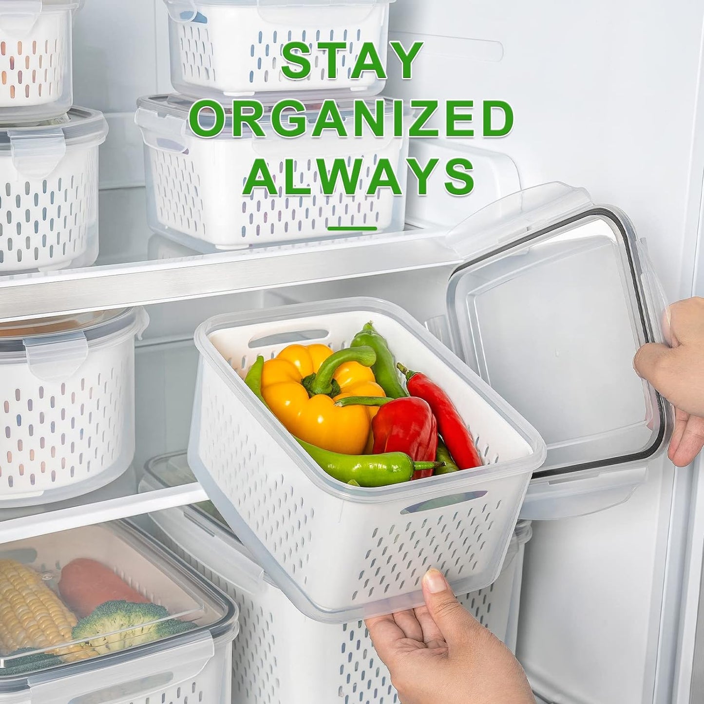 Freshmage 5-Piece Large Leakproof Fridge Food Storage Containers with Colanders - Keep Produce Fresh Longer