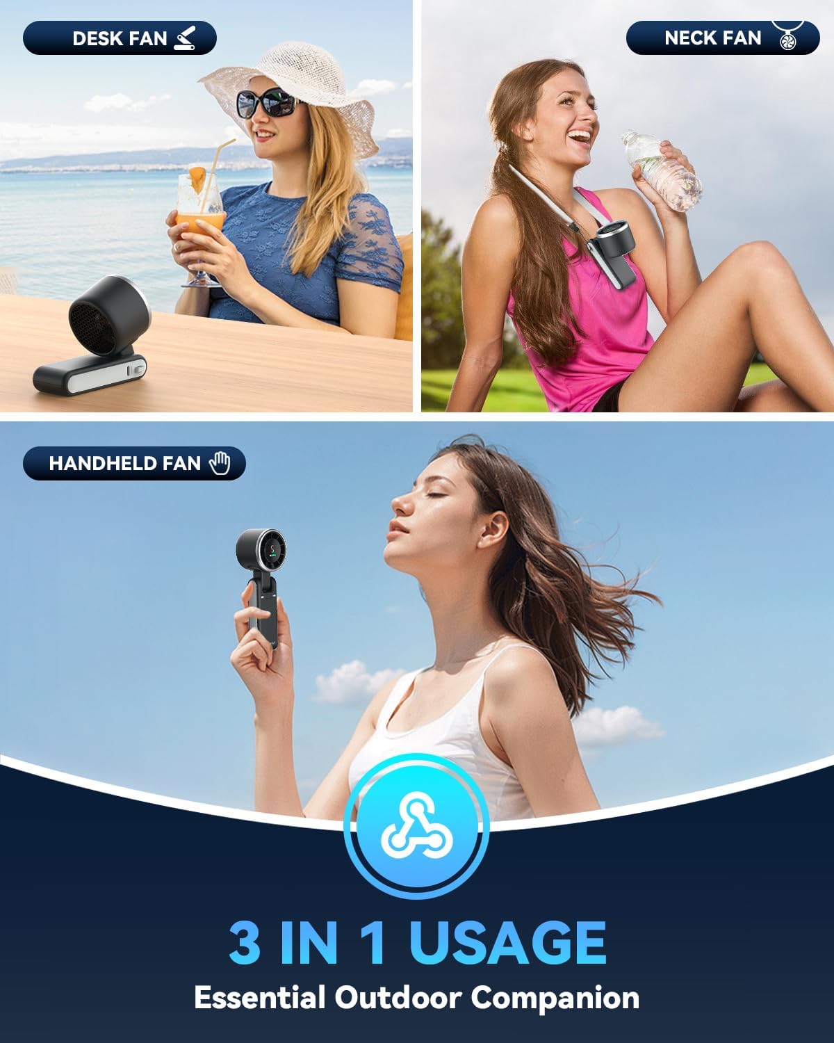 PlayHot Portable Turbo Handheld Fan - 5 Speed USB-C Rechargeable Cooling Fan for Travel & Outdoor Use