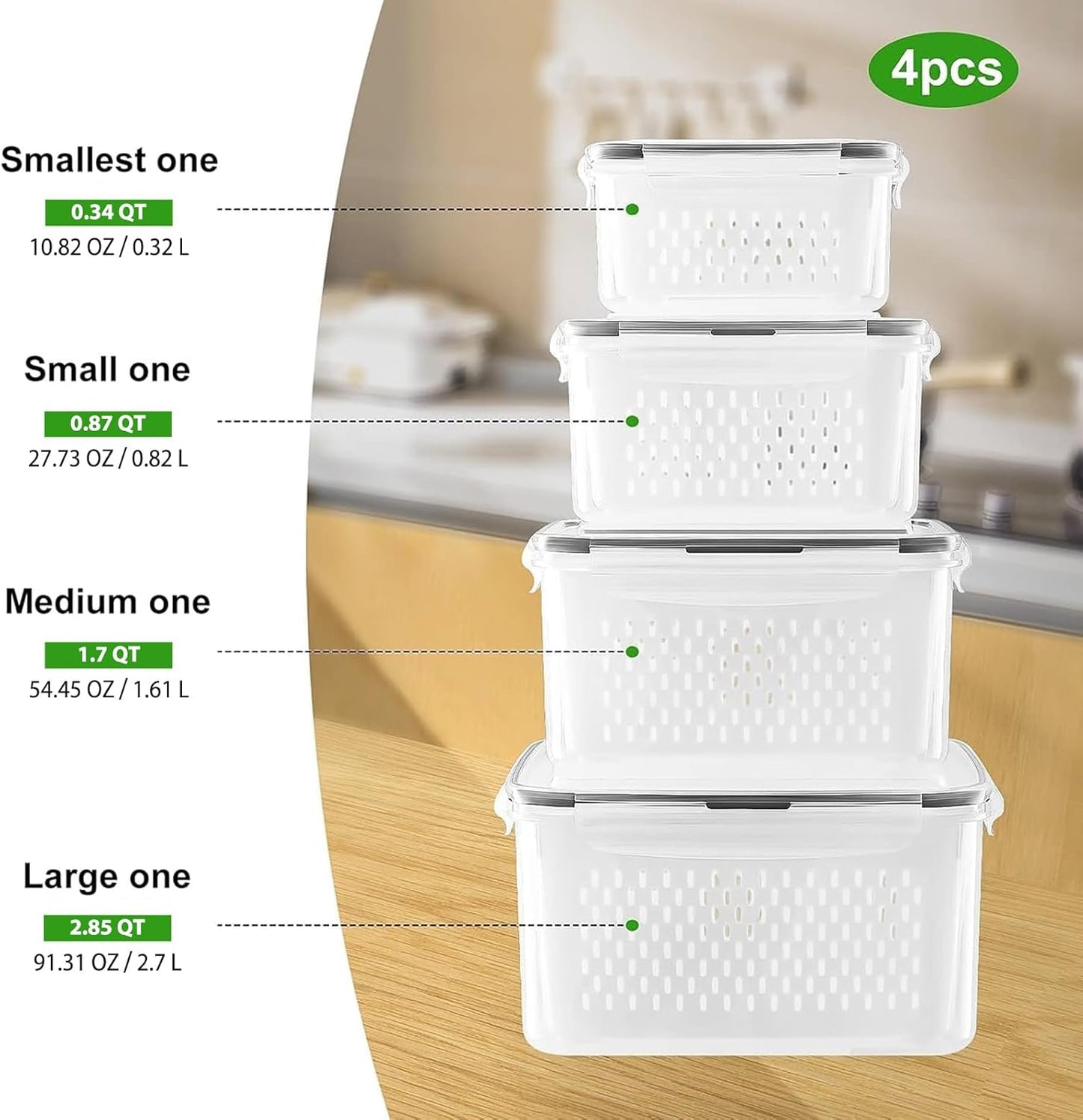 Freshmage 4-Piece Airtight Fridge Fruit Storage Containers with Removable Colanders - Keep Produce Fresher Longer