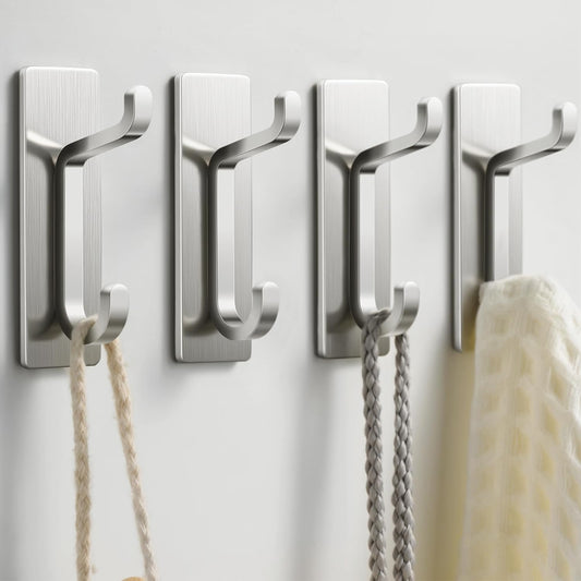 Pickpiff 4-Pack 13LB Strong Adhesive Wall Hooks for Coat & Towel - Brushed Nickel