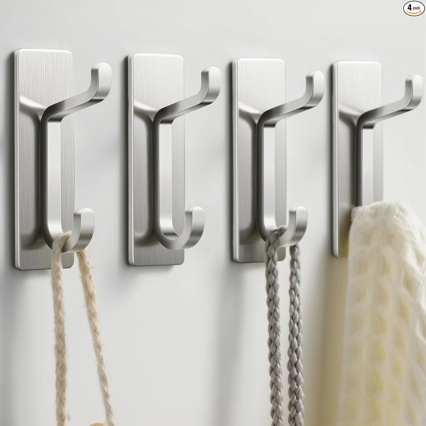 Pickpiff 4-Pack 13LB Strong Adhesive Wall Hooks for Coat & Towel - Brushed Nickel