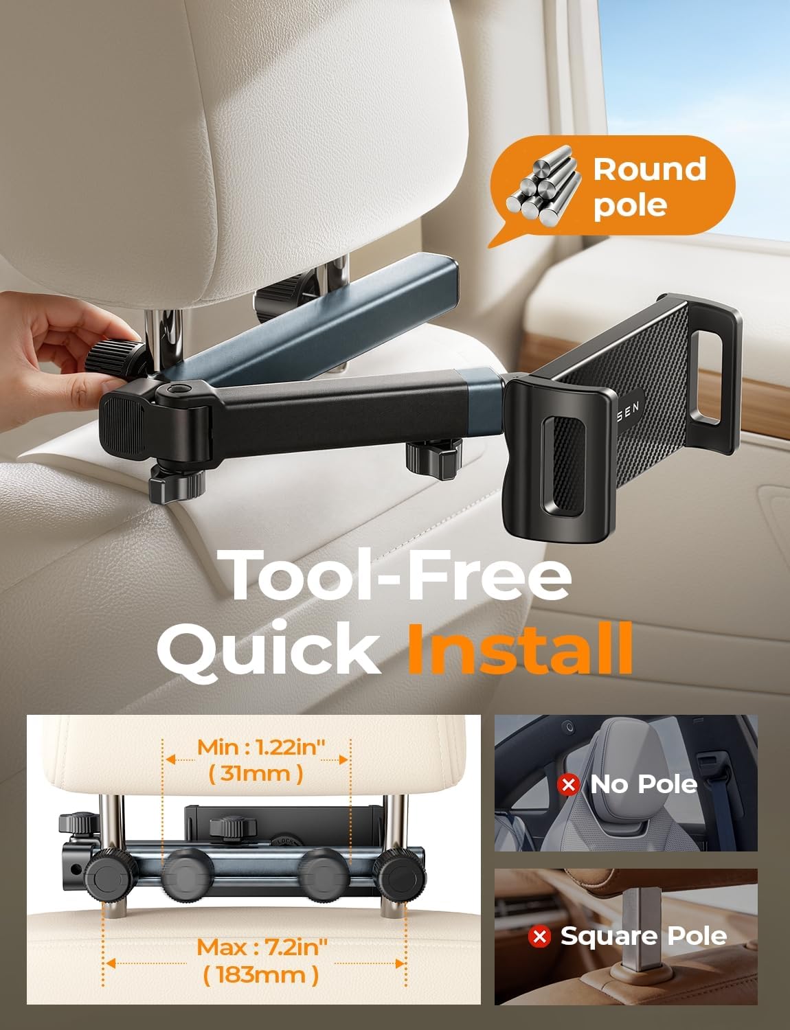LISEN 3-in-1 Car Backseat Tablet Mount (Model 2E547) - Secure 4-Axis Holder for Kids Entertainment