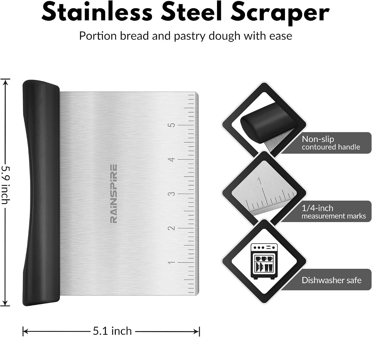 Rainspire Stainless Steel Dough Scraper & Pizza Cutter - Multi-Purpose Chopper for Baking Sheets & Veggies