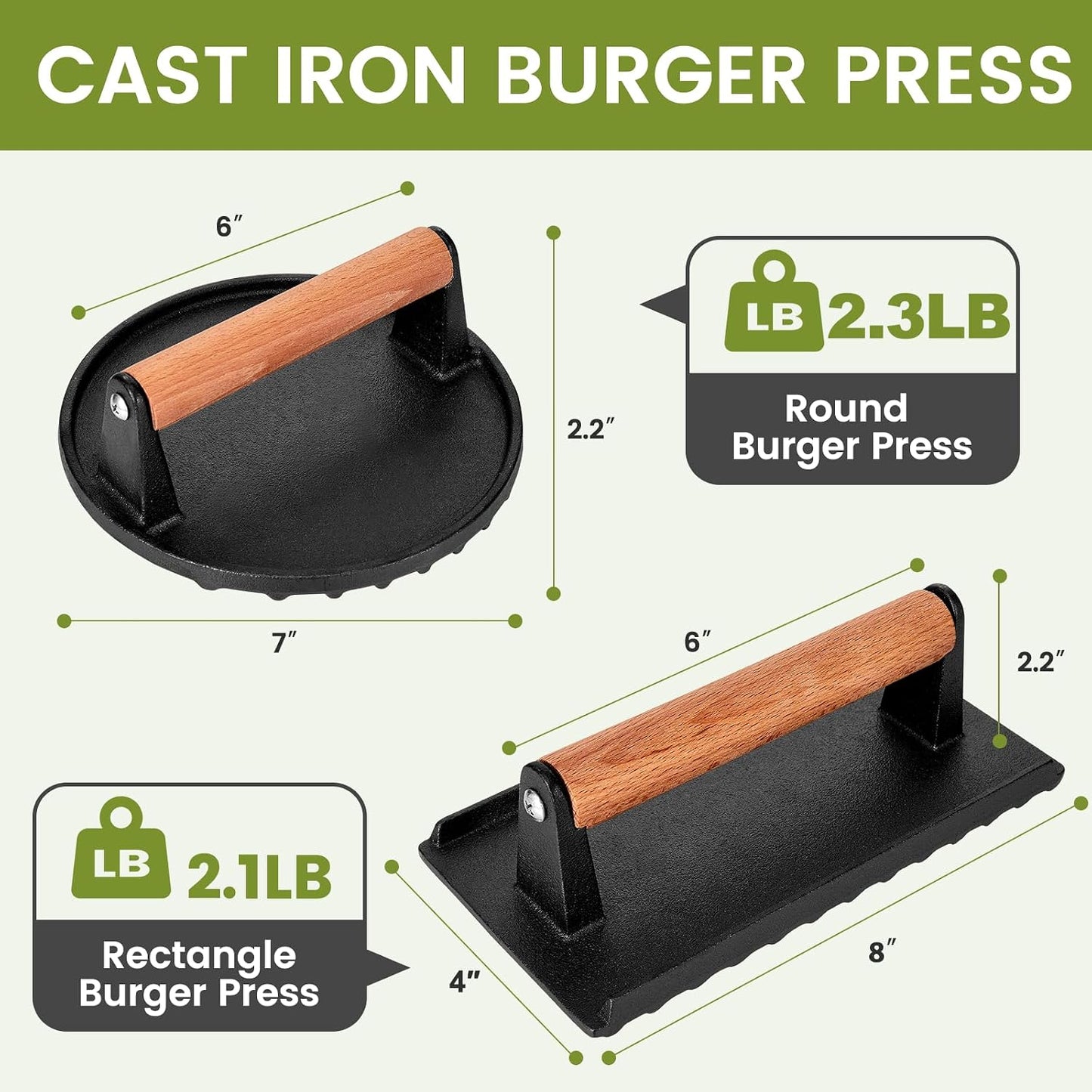 Whaleme Cast Iron Burger Press Set - 7" Round & 8x4" Rectangle Grill Press for Blackstone Griddle