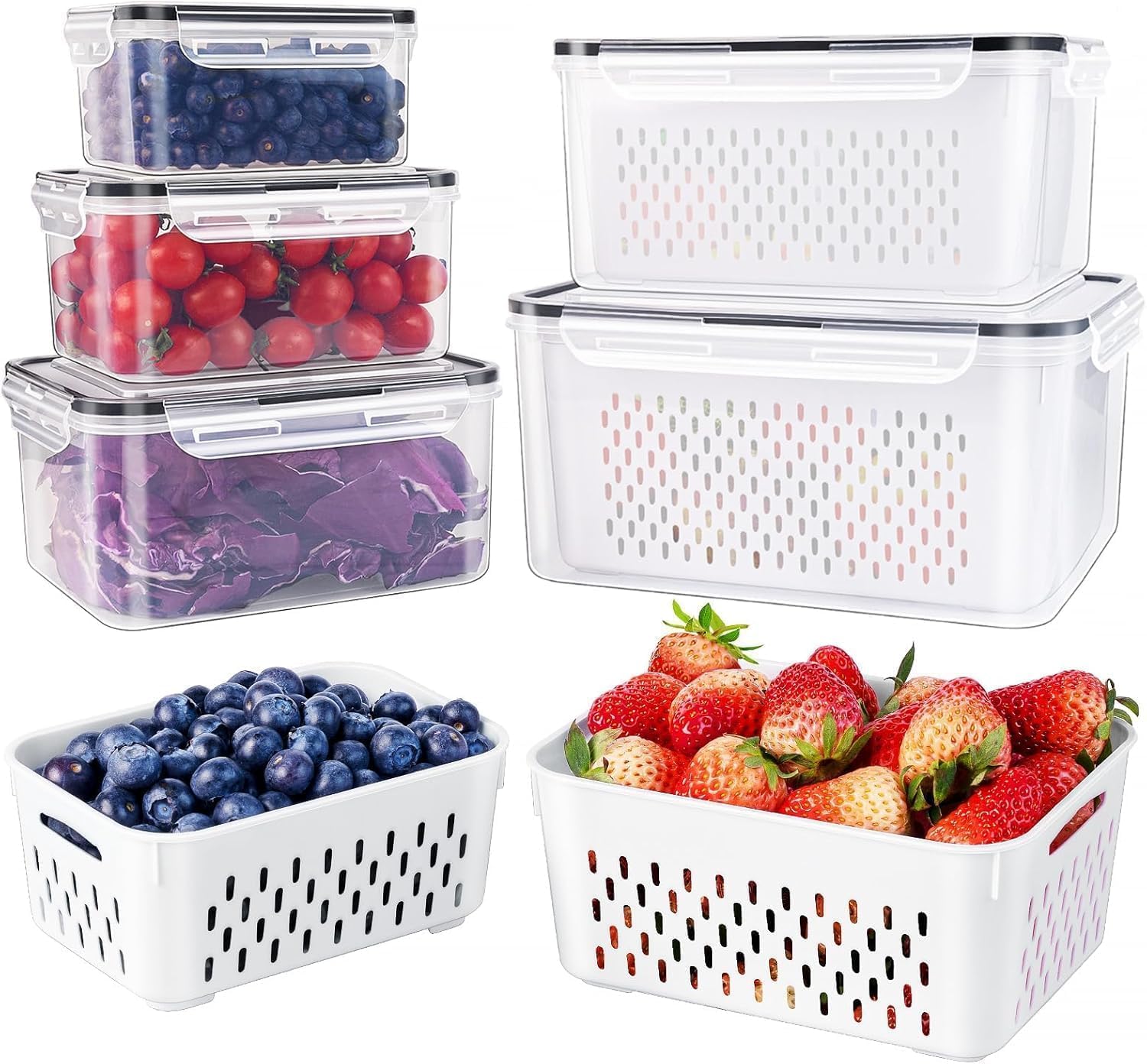Freshmage 5-Piece Large Leakproof Fridge Food Storage Containers with Colanders - Keep Produce Fresh Longer