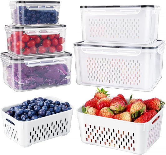 Freshmage 5-Piece Large Leakproof Fridge Food Storage Containers with Colanders - Keep Produce Fresh Longer
