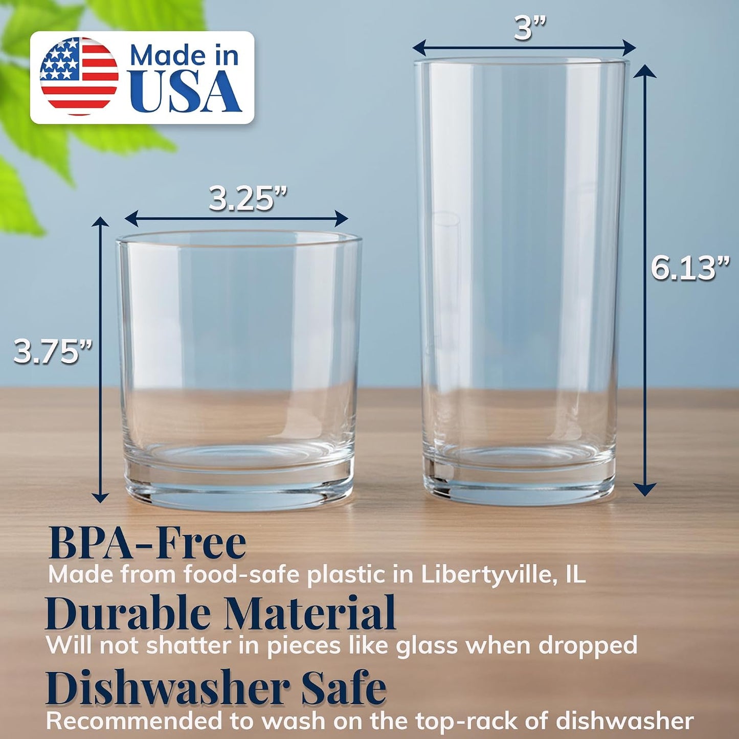 US Acrylic Classic Clear Plastic Reusable Drinking Glasses Set (4x12oz + 4x16oz) BPA-Free Dishwasher Safe
