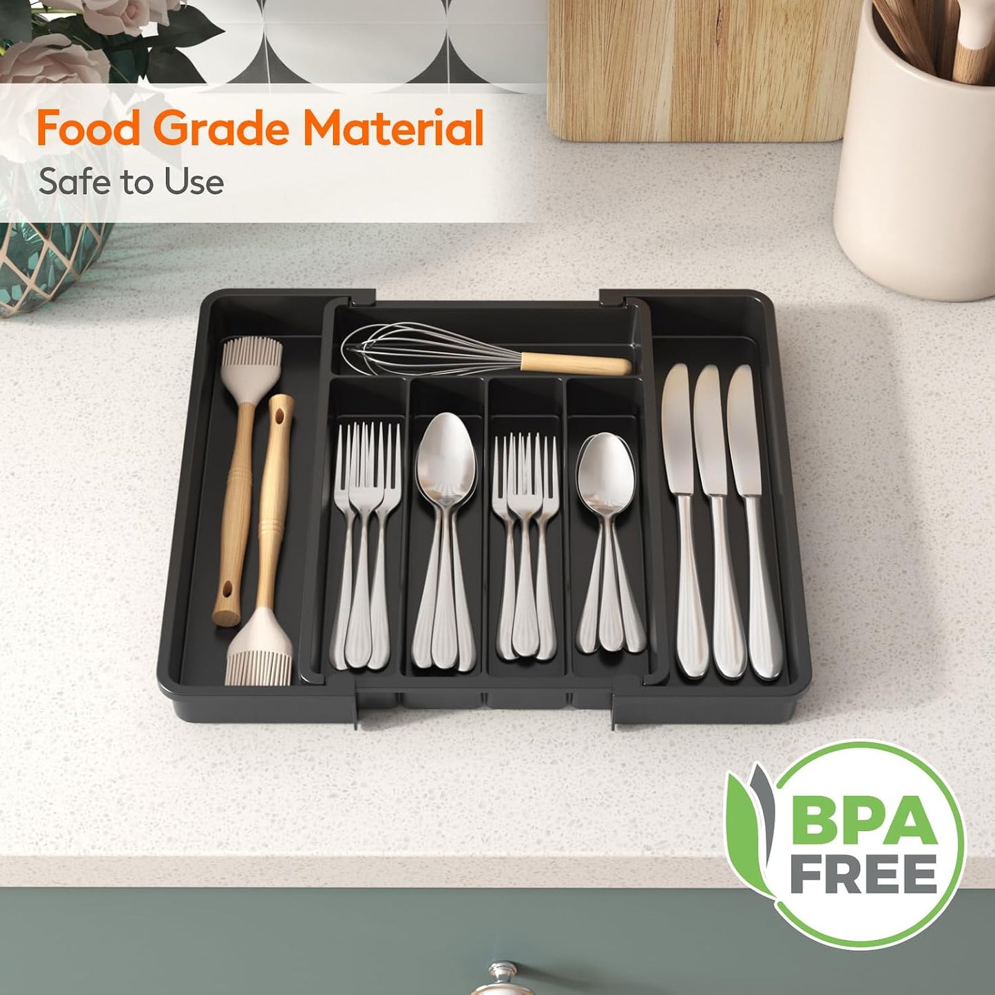 Lifewit Expandable Silverware Organizer - Kitchen Drawer Utensil Holder (8-13.8") Black