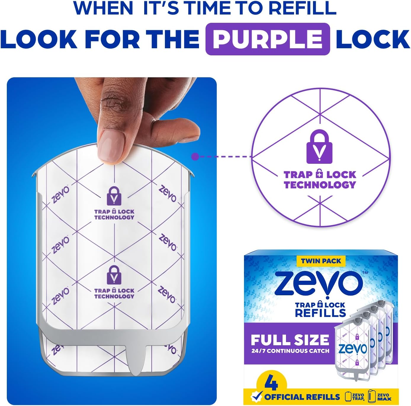 Zevo Official Fly Trap Refills (4 Count) - No Fragrance, Blue Light Lures Gnats & Flies