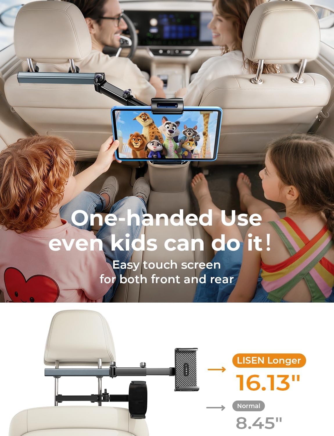 LISEN 3-in-1 Car Backseat Tablet Mount (Model 2E547) - Secure 4-Axis Holder for Kids Entertainment