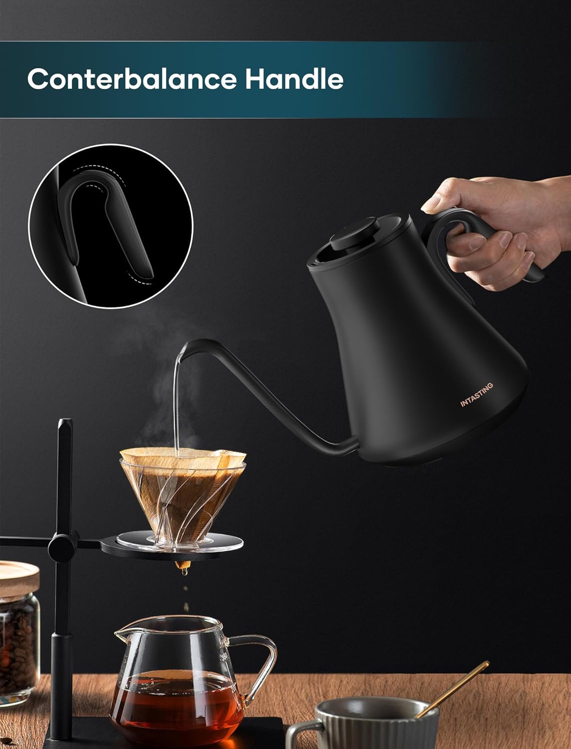 Gooseneck Electric Kettle for Pour Over Coffee - Precise ±1°F Temp Control by INTASTING