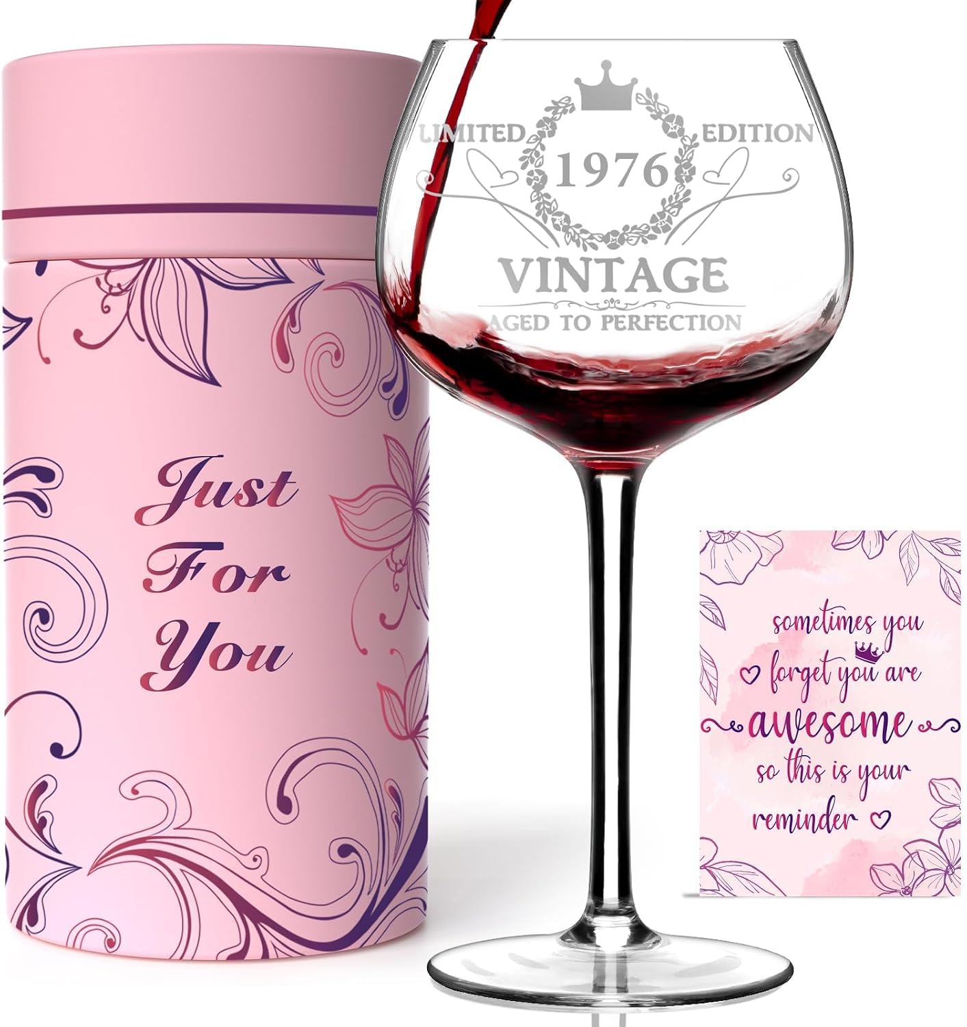 Gumry Vintage 1976 Engraved 50th Birthday Wine Glass Set - Break Resistant Lilac Glassware for Women, 16oz Capacity