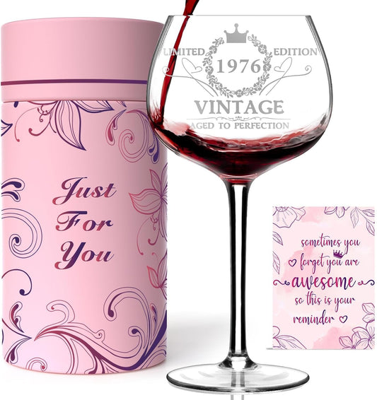 Gumry Vintage 1976 Engraved 50th Birthday Wine Glass Set - Break Resistant Lilac Glassware for Women, 16oz Capacity