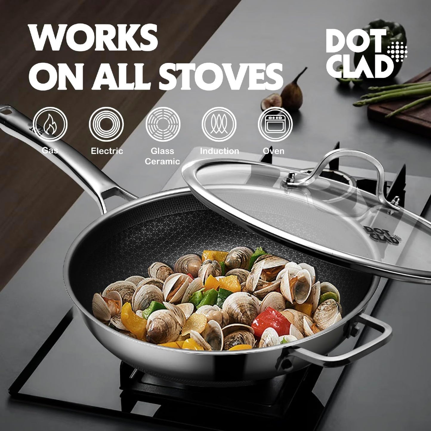 DOTCLAD 12-Inch Hybrid Wok with Lid - Nonstick Stainless Steel Stir-Fry Pan for All Stovetops