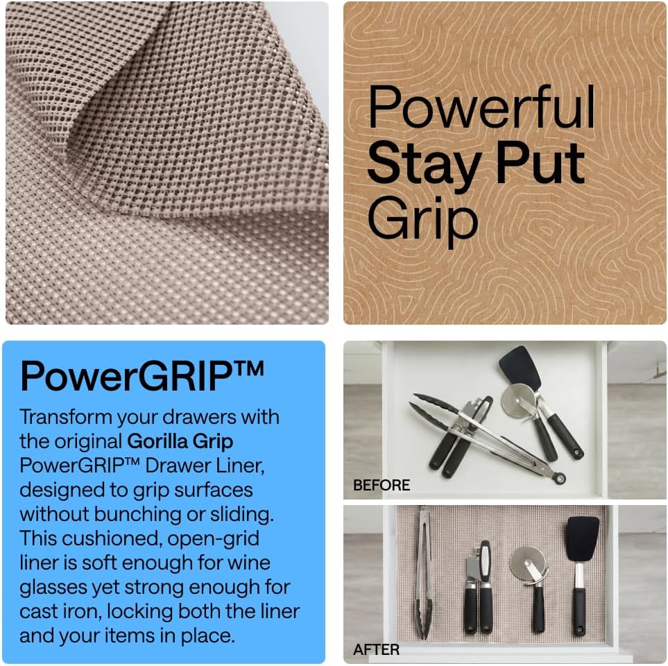GORILLA GRIP PowerGRIP Non-Adhesive Cabinet & Drawer Liner - Thick Strong Hold for Kitchen Cabinets