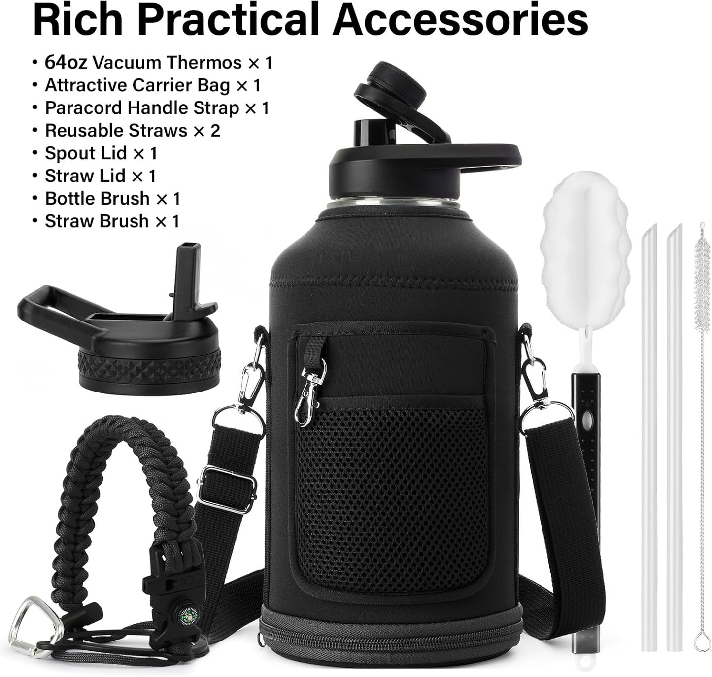 DYSANKY 64 oz Stainless Steel Insulated Water Bottle for Gym & Hiking w/Straw & Carrier