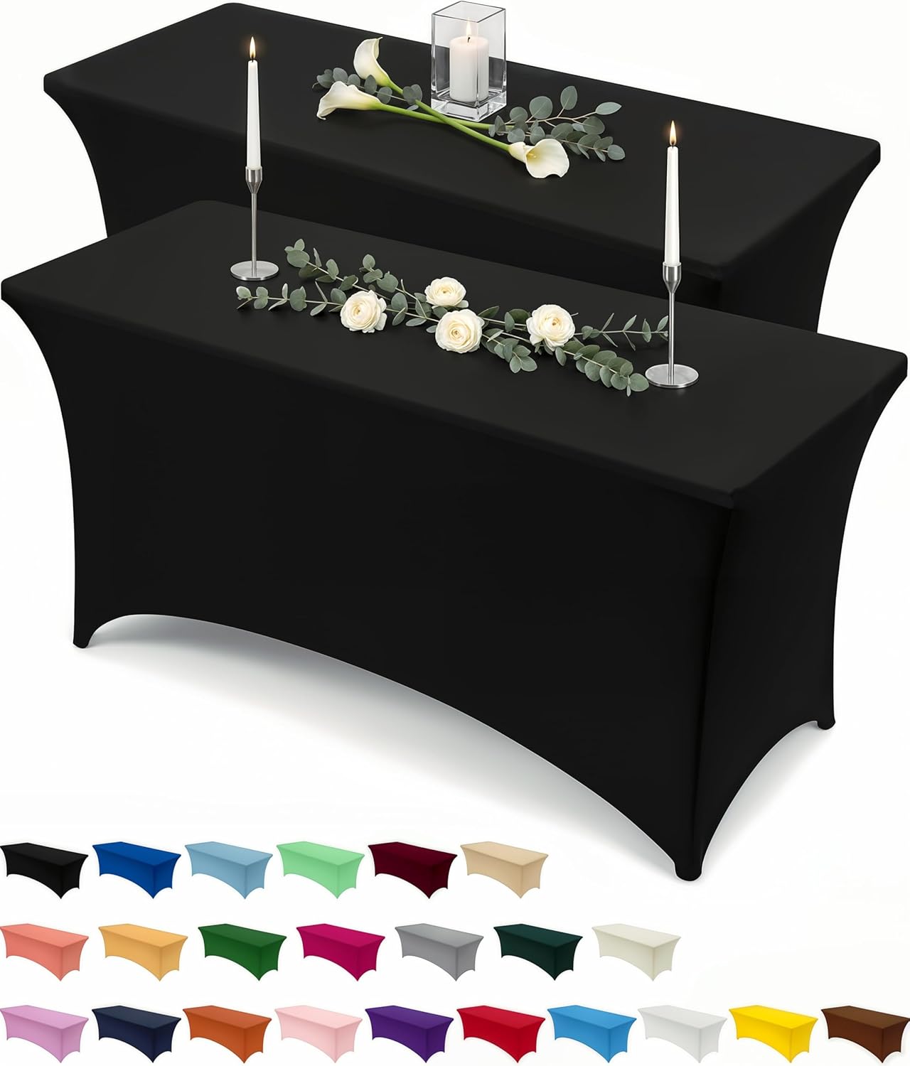 Utopia Kitchen 6-Foot Stretch Tablecloth 2-Pack - Black Fitted Spandex Cover for Events & Weddings