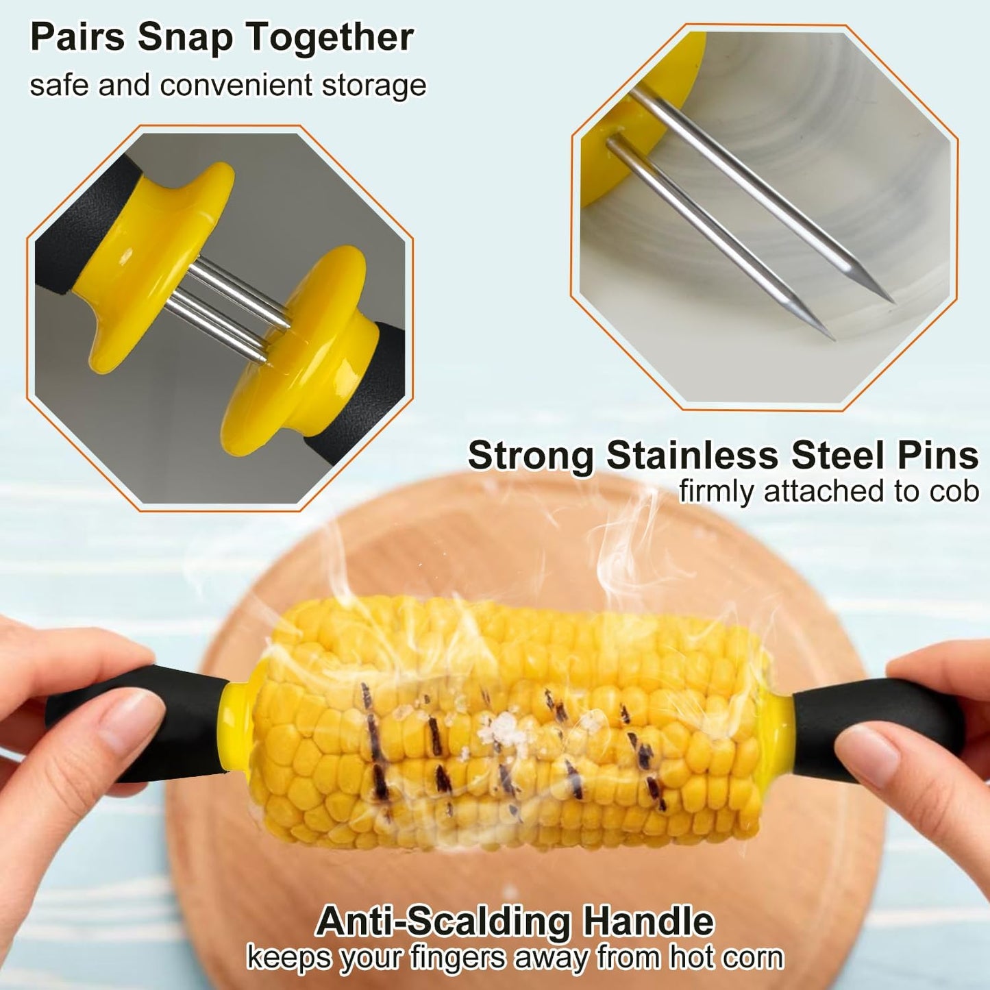 AQRINGO 12-Piece Stainless Steel Corn Holders - Safe BBQ Skewers for Camping & Parties
