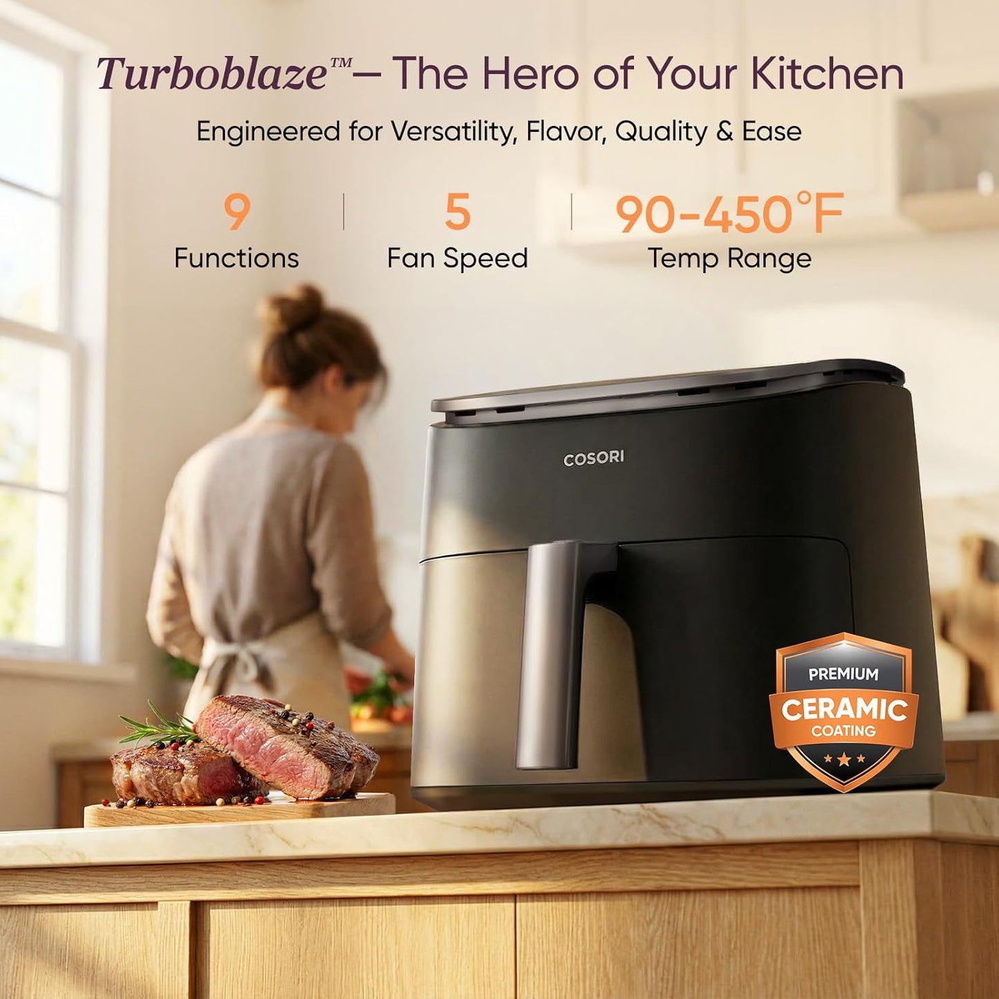 Cosori 9-in-1 TurboBlaze Air Fryer - 6-qt, 450°F, 95% Less Oil for Crispy Meals