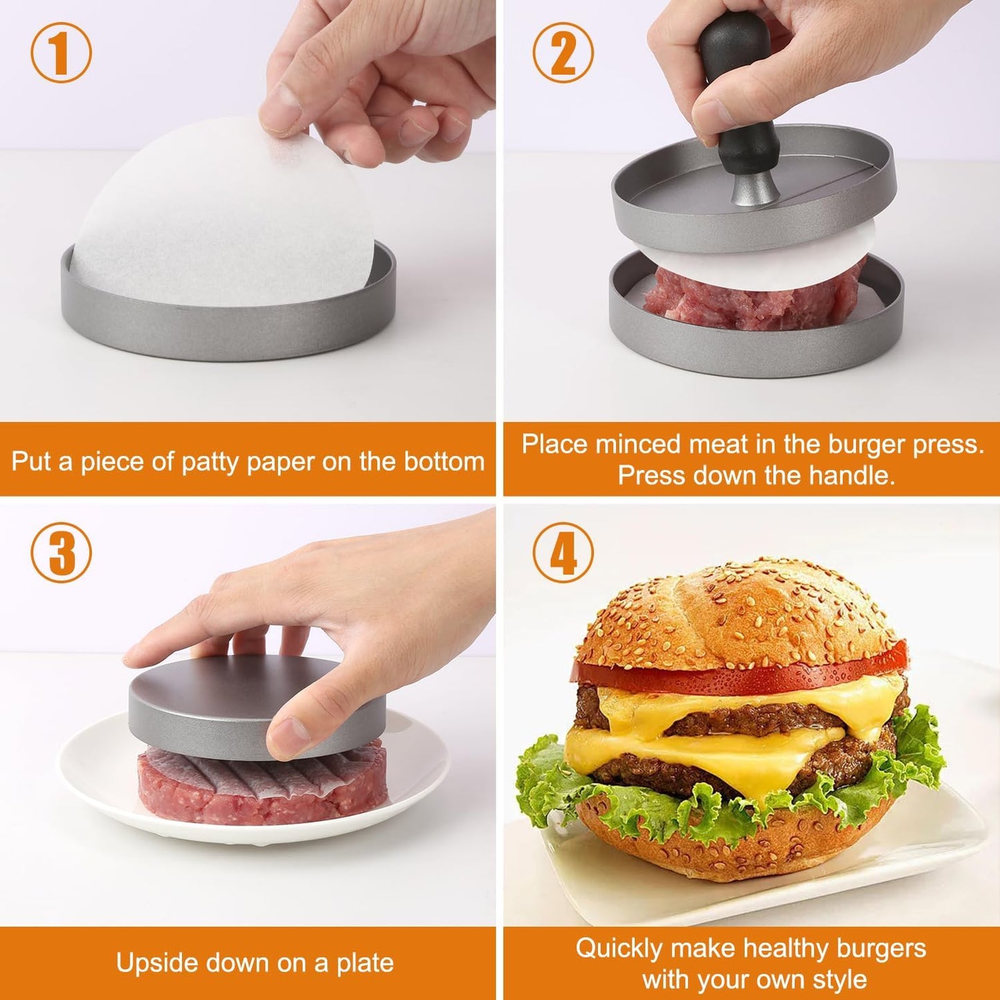TACGEA Burger Press with 150 Non-Stick Patty Papers - Aluminum Grill Tool for Perfect Patties