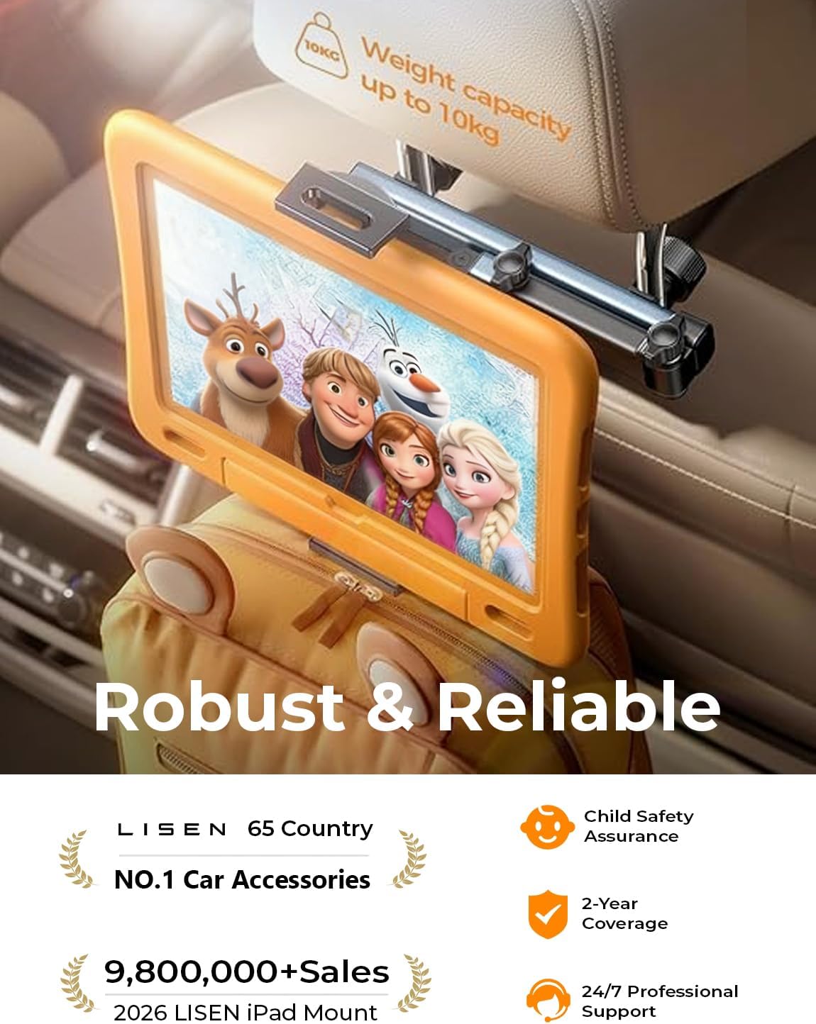 LISEN 3-in-1 Car Backseat Tablet Mount (Model 2E547) - Secure 4-Axis Holder for Kids Entertainment