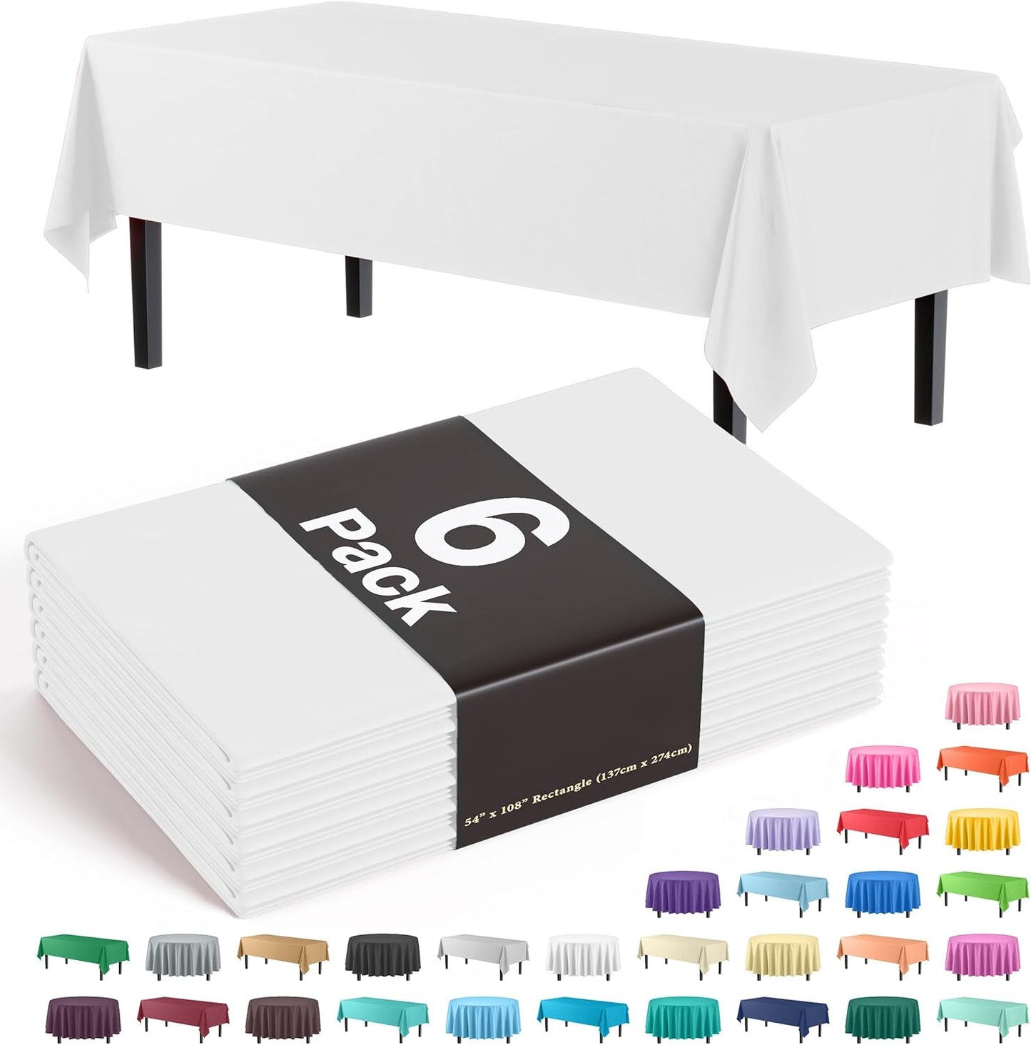 Party Solids Premium Disposable Plastic Tablecloth 6-Pack - White Rectangular 54x108