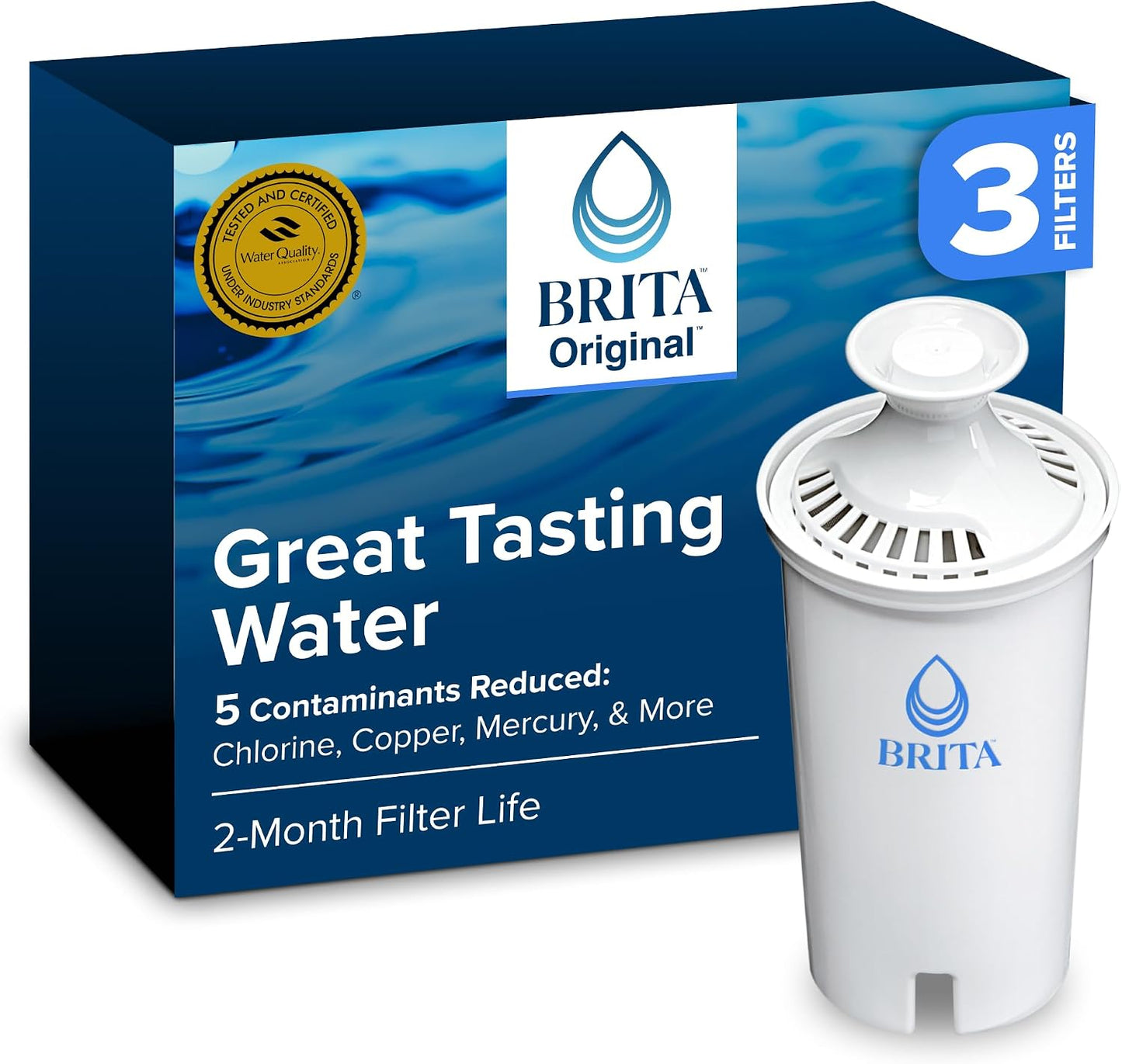 Brita Standard Water Filter Replacement Cartridges (3-Pack) - Reduces Chlorine & Heavy Metals