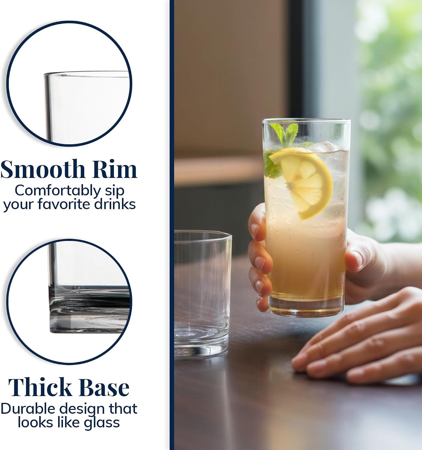 US Acrylic Classic Clear Plastic Reusable Drinking Glasses Set (4x12oz + 4x16oz) BPA-Free Dishwasher Safe