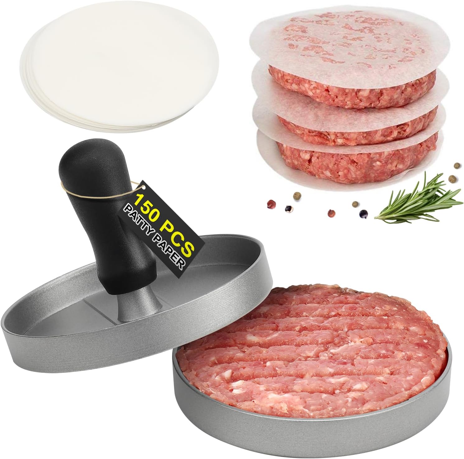 TACGEA Burger Press with 150 Non-Stick Patty Papers - Aluminum Grill Tool for Perfect Patties