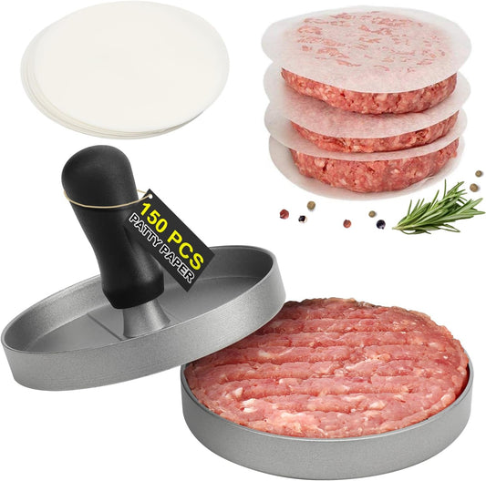 TACGEA Burger Press with 150 Non-Stick Patty Papers - Aluminum Grill Tool for Perfect Patties