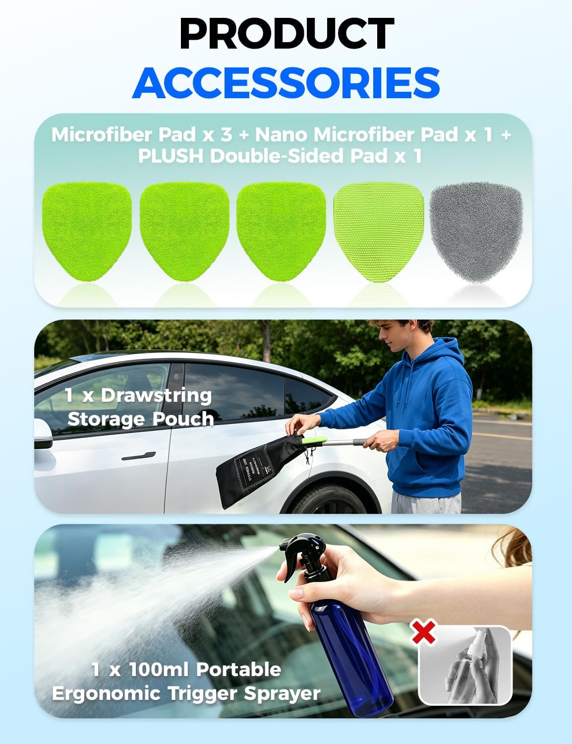 XINDELL Extendable Car Windshield Cleaner Kit with Microfiber Pads