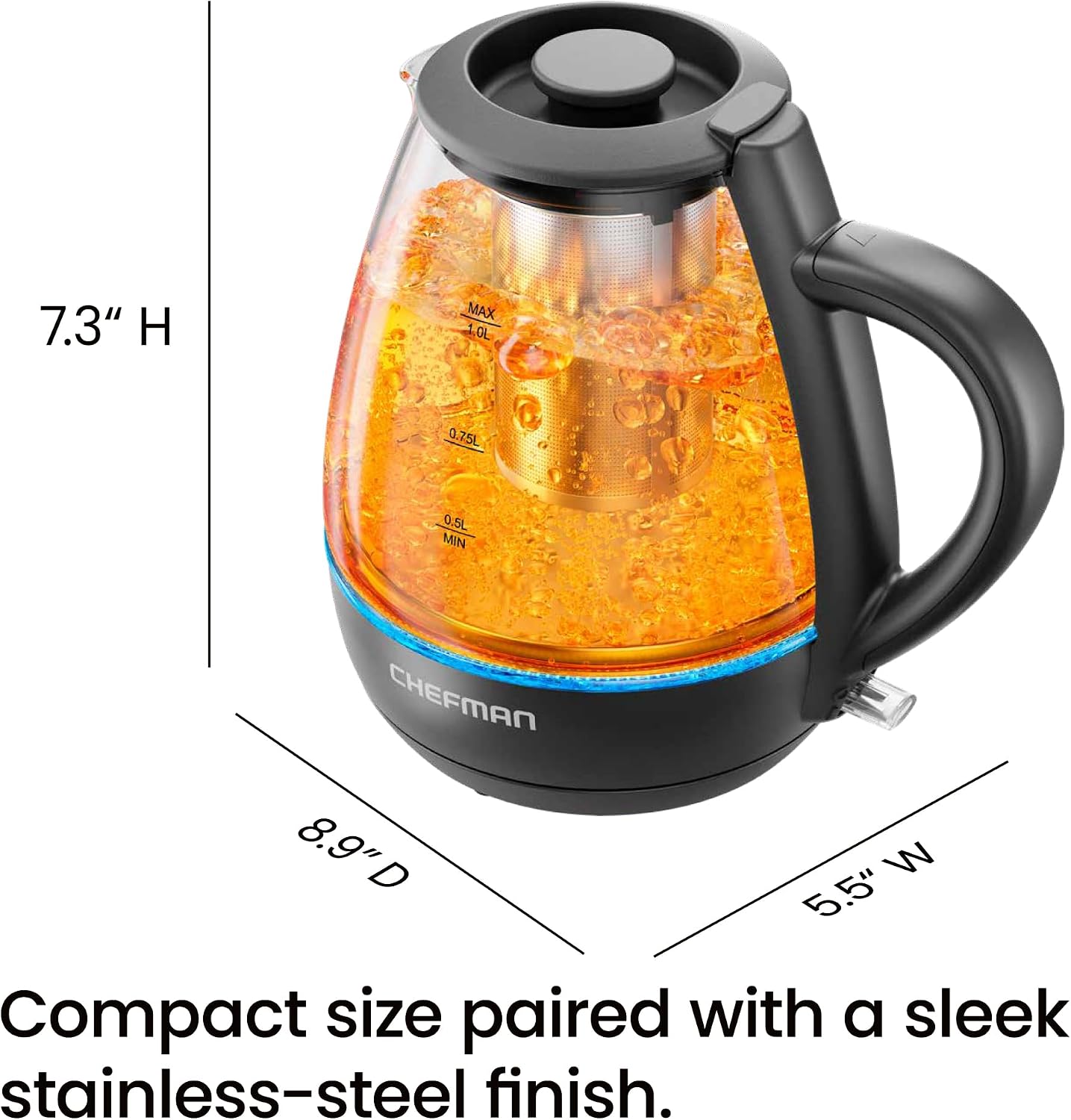Chefman Rapid-Boil Electric Kettle with Tea Infuser - Compact 1L & Removable Lid