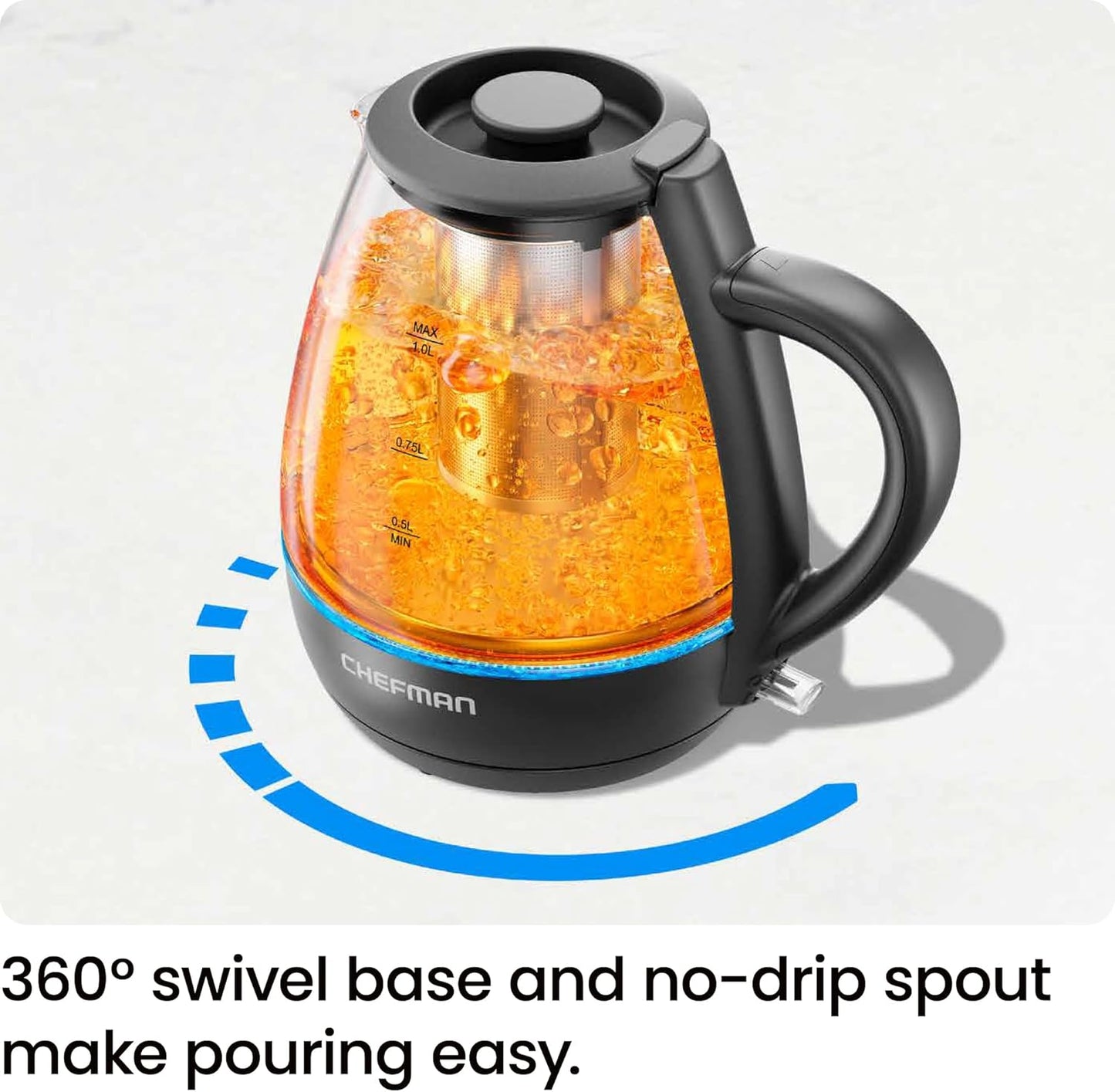 Chefman Rapid-Boil Electric Kettle with Tea Infuser - Compact 1L & Removable Lid