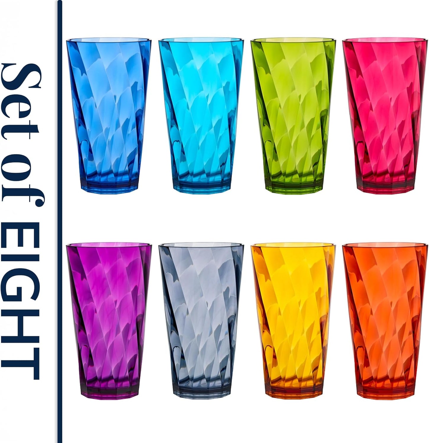 US Acrylic Optix 20oz Reusable Tumblers Set of 8 - BPA-Free, Dishwasher Safe Jewel Tone Plastic Cups