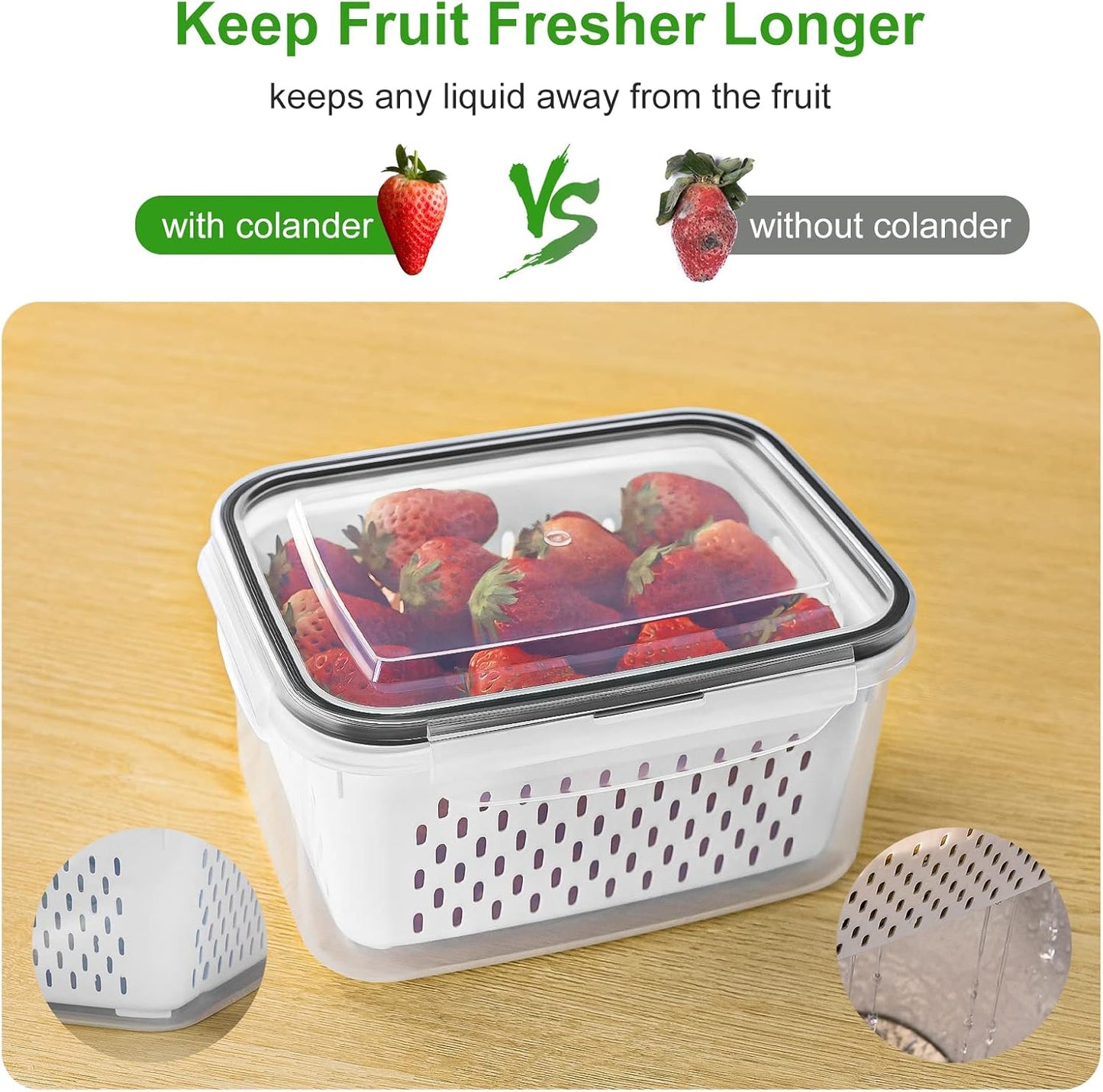 Freshmage 5-Piece Large Leakproof Fridge Food Storage Containers with Colanders - Keep Produce Fresh Longer
