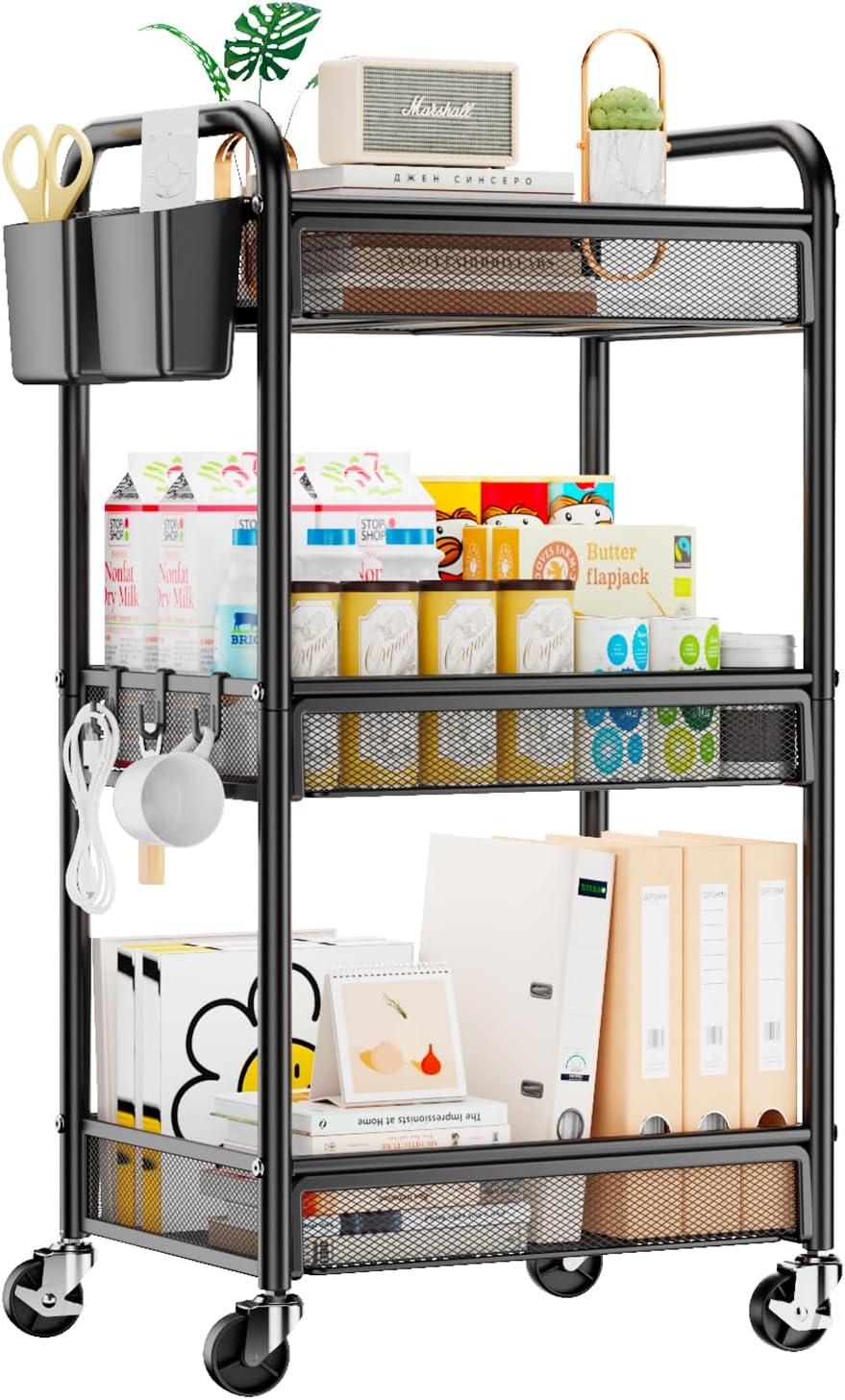 YASONIC 3-Tier Rolling Metal Cart with Wheels - 110 lb Capacity Storage Utility Cart for Kitchen/Office