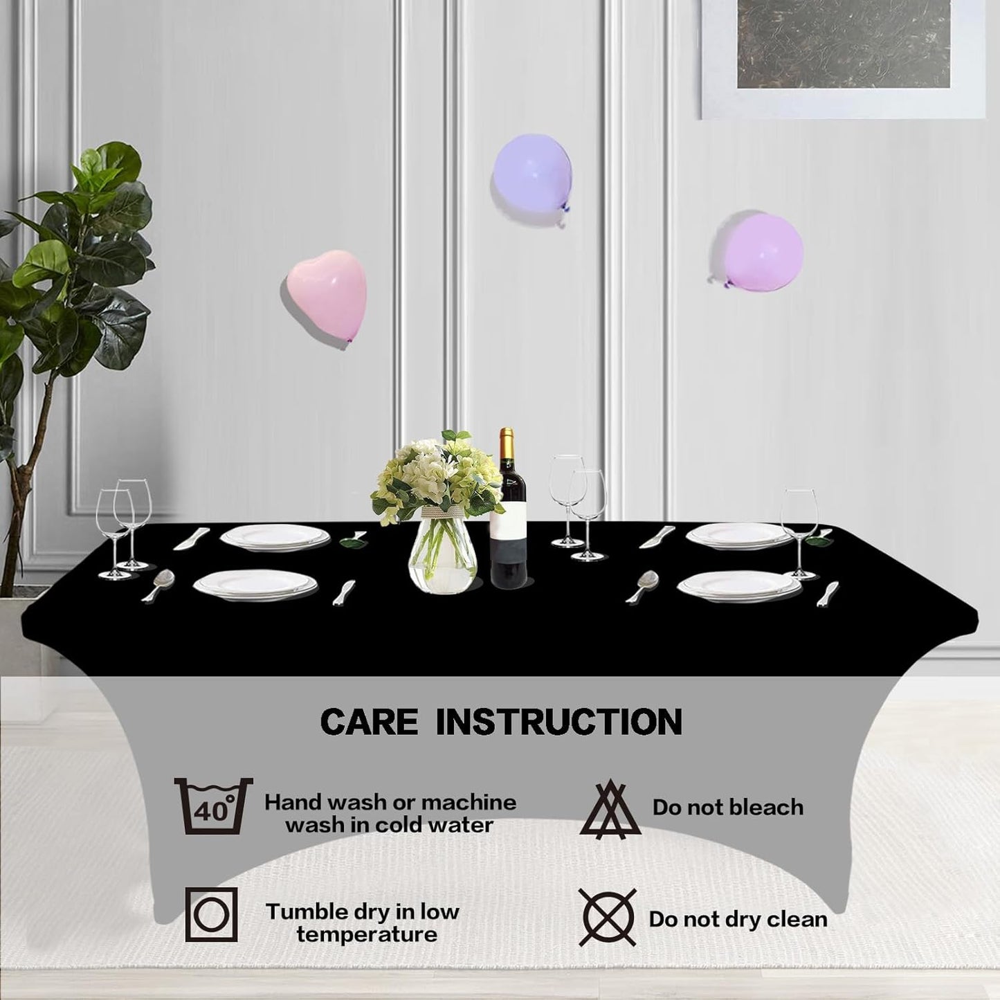 IVAPUPU 2-Pack 6FT Black Rectangular Stretch Tablecloth - Wrinkle-Resistant Spandex for Events