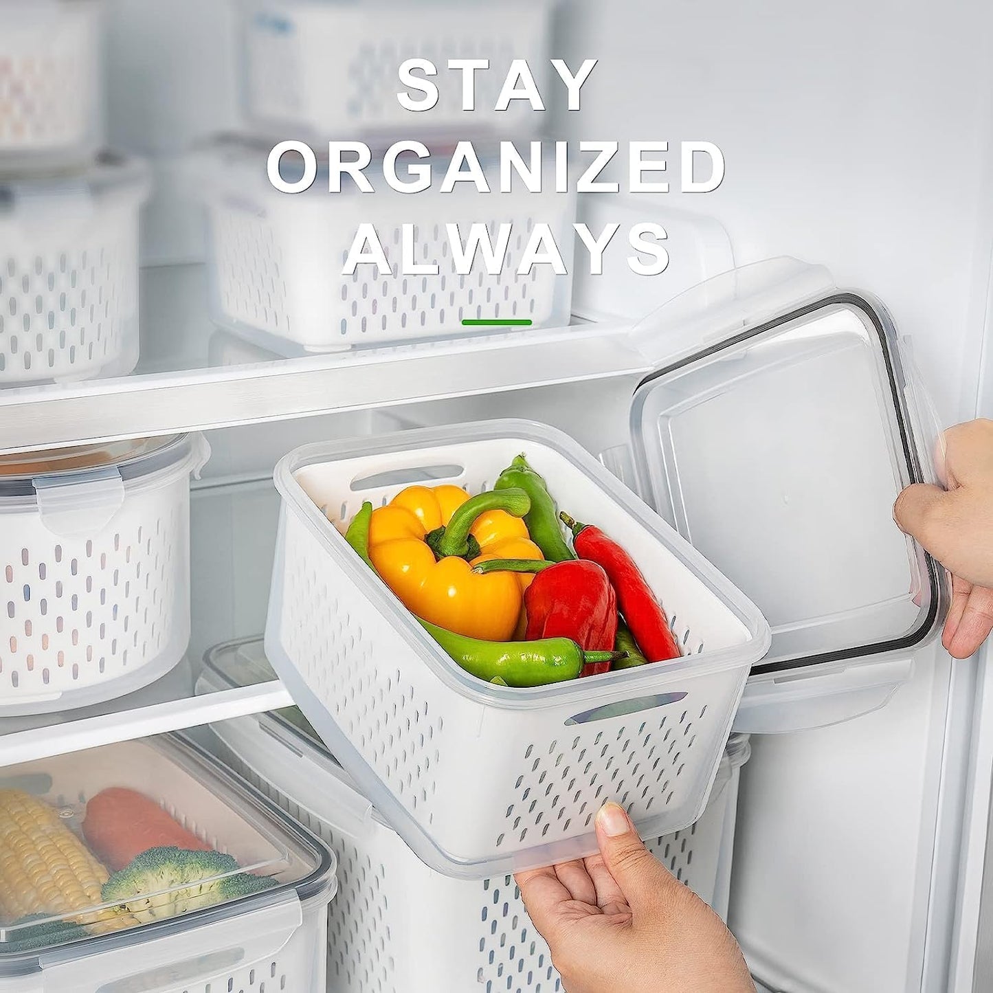 Freshmage 4-Piece Airtight Fridge Fruit Storage Containers with Removable Colanders - Keep Produce Fresher Longer