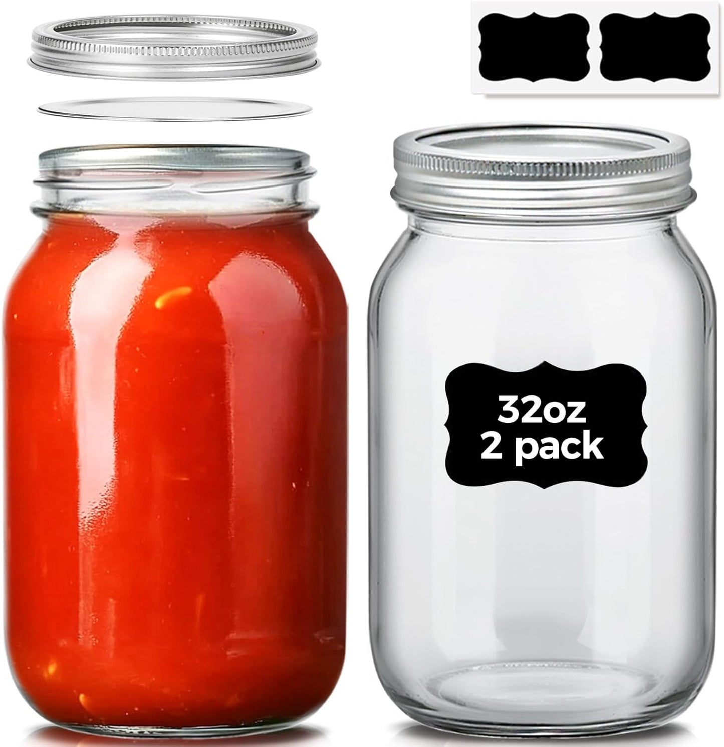 ComSaf 32oz Wide Mouth Mason Jars 2-Pack | Airtight Lids for Meal Prep & Canning