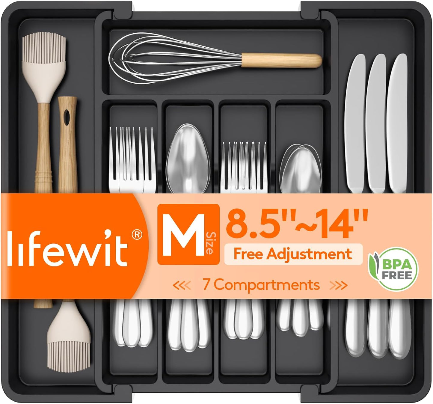 Lifewit Expandable Silverware Organizer - Kitchen Drawer Utensil Holder (8-13.8") Black