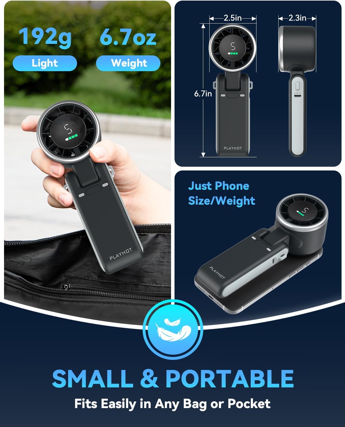 PlayHot Portable Turbo Handheld Fan - 5 Speed USB-C Rechargeable Cooling Fan for Travel & Outdoor Use