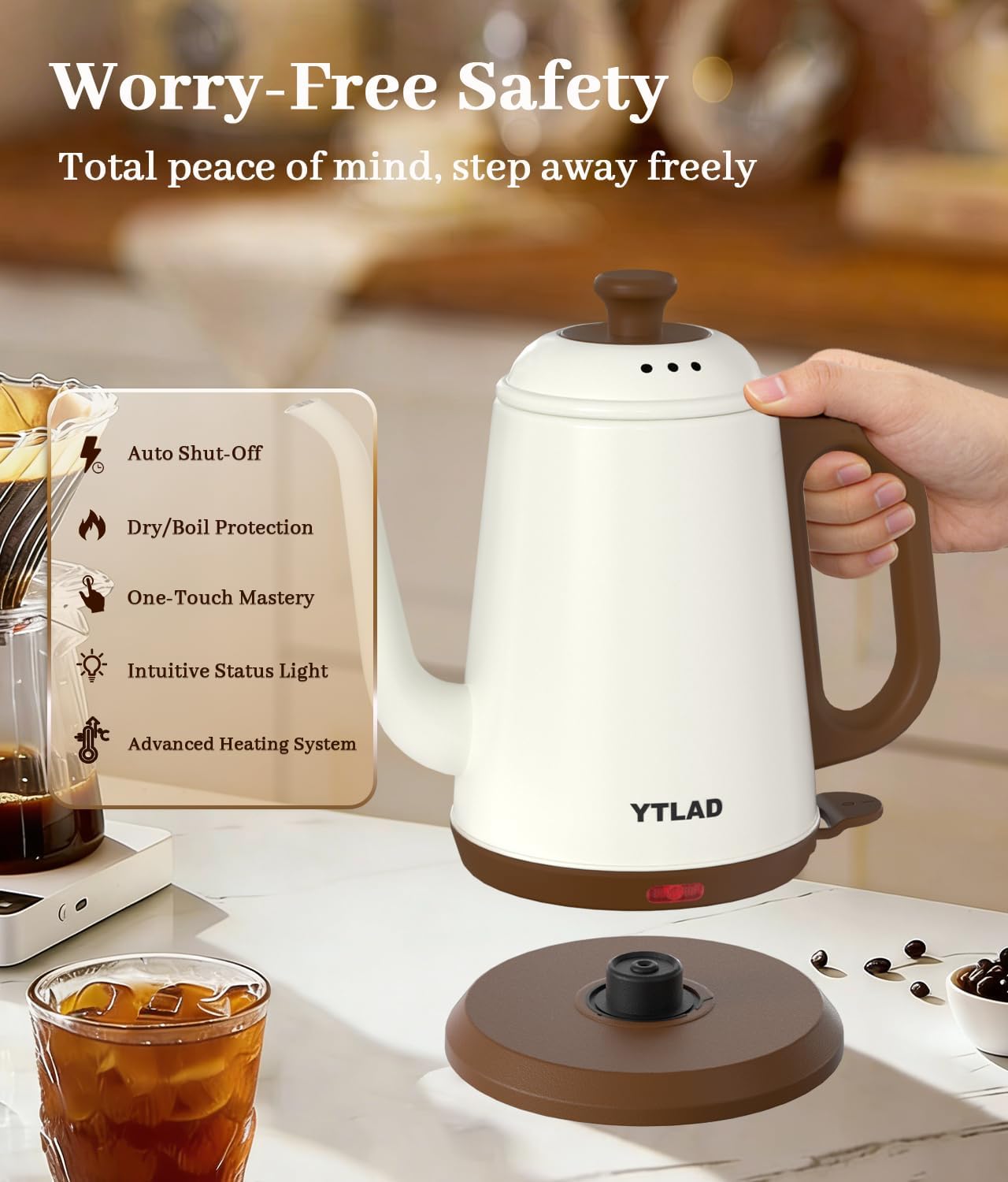 YTLAD Retro-Style Gooseneck Electric Kettle 1L - 1000W Fast Boil for Coffee & Tea