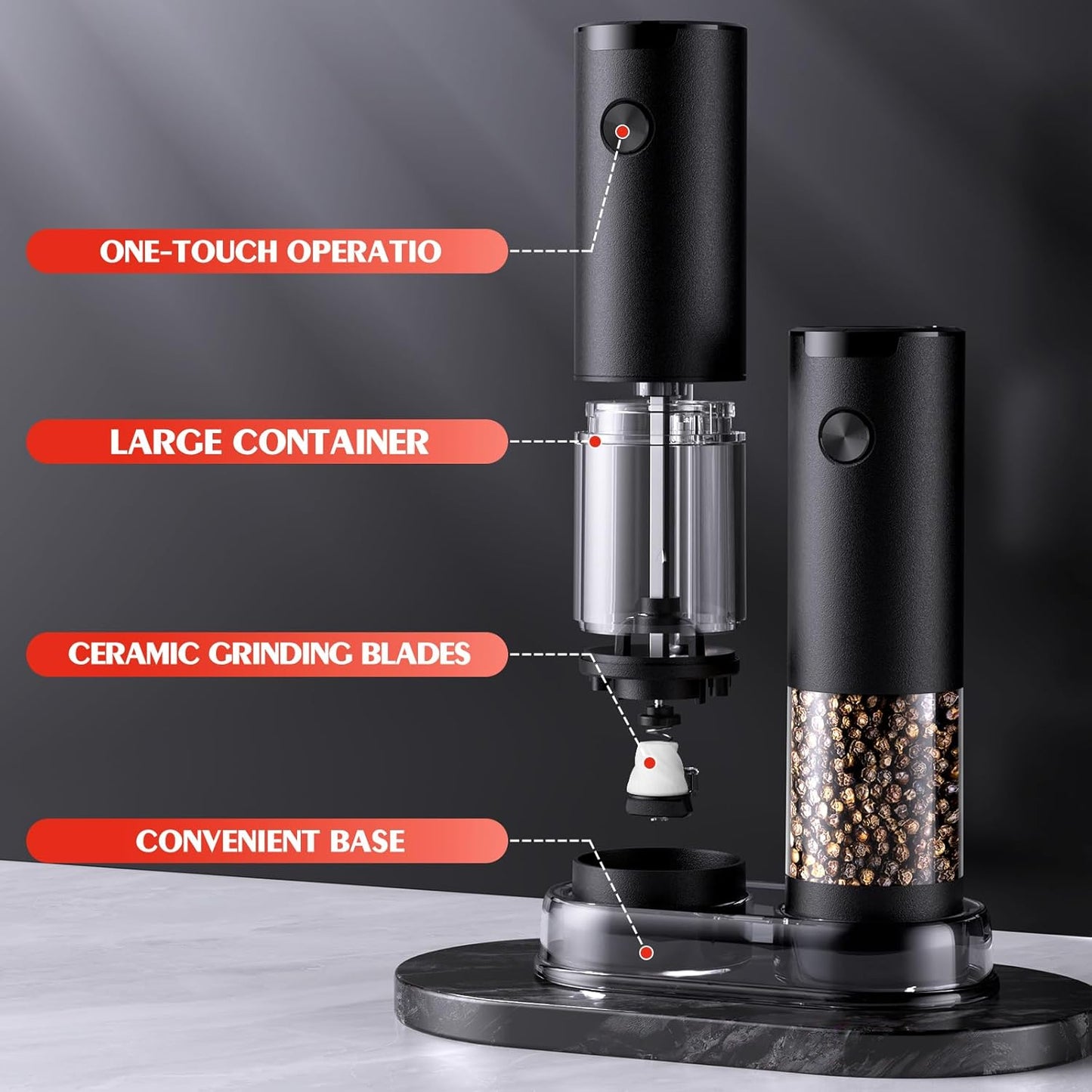 ioion Automatic Electric Salt & Pepper Grinder Set with LED Light - Adjustable Coarseness