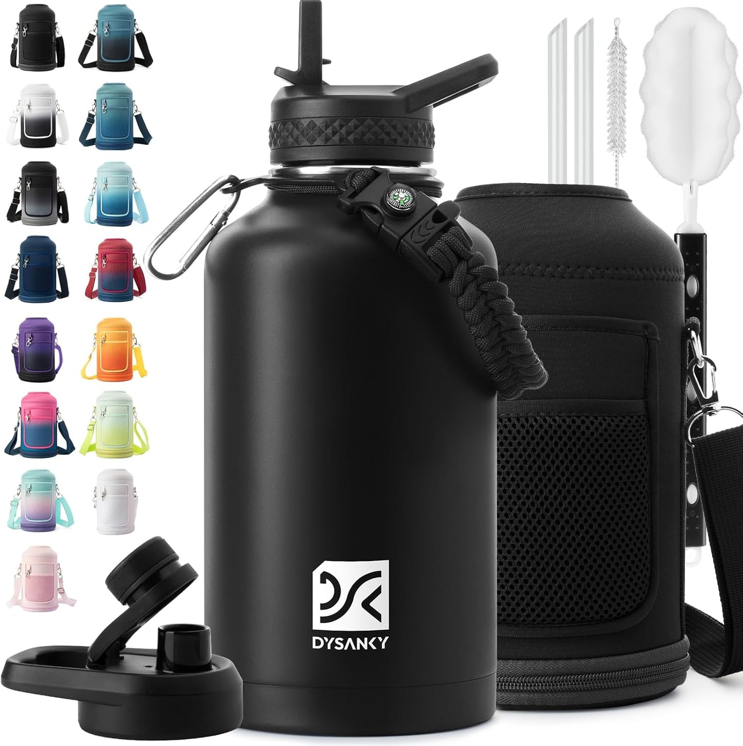 DYSANKY 64 oz Stainless Steel Insulated Water Bottle for Gym & Hiking w/Straw & Carrier