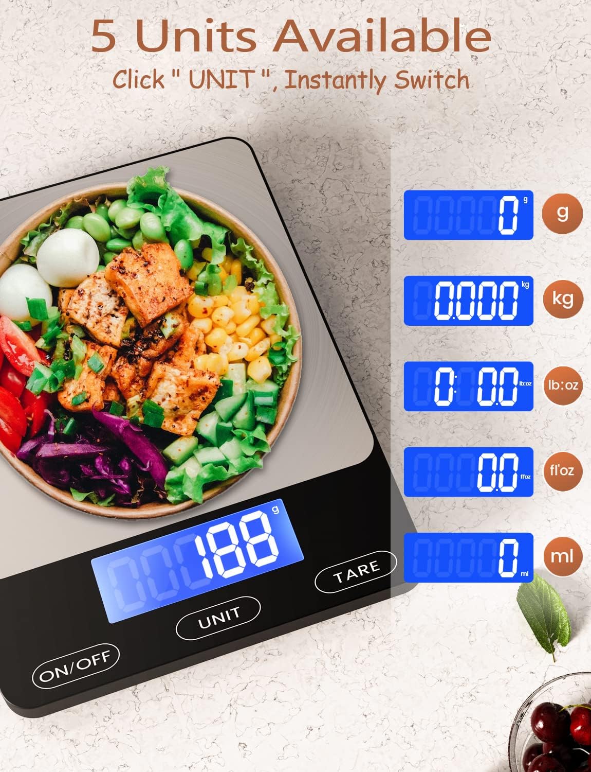 Digital Kitchen Food Scale - 33lb Rechargeable Stainless Steel with Tare & Auto-Off | GGQ