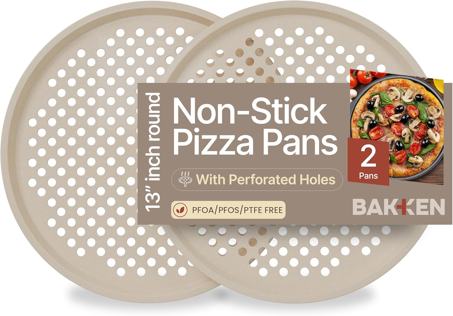 BAKKENMASTER Round Perforated Pizza Pan - Non-Stick Marble Coating, 2 Pack